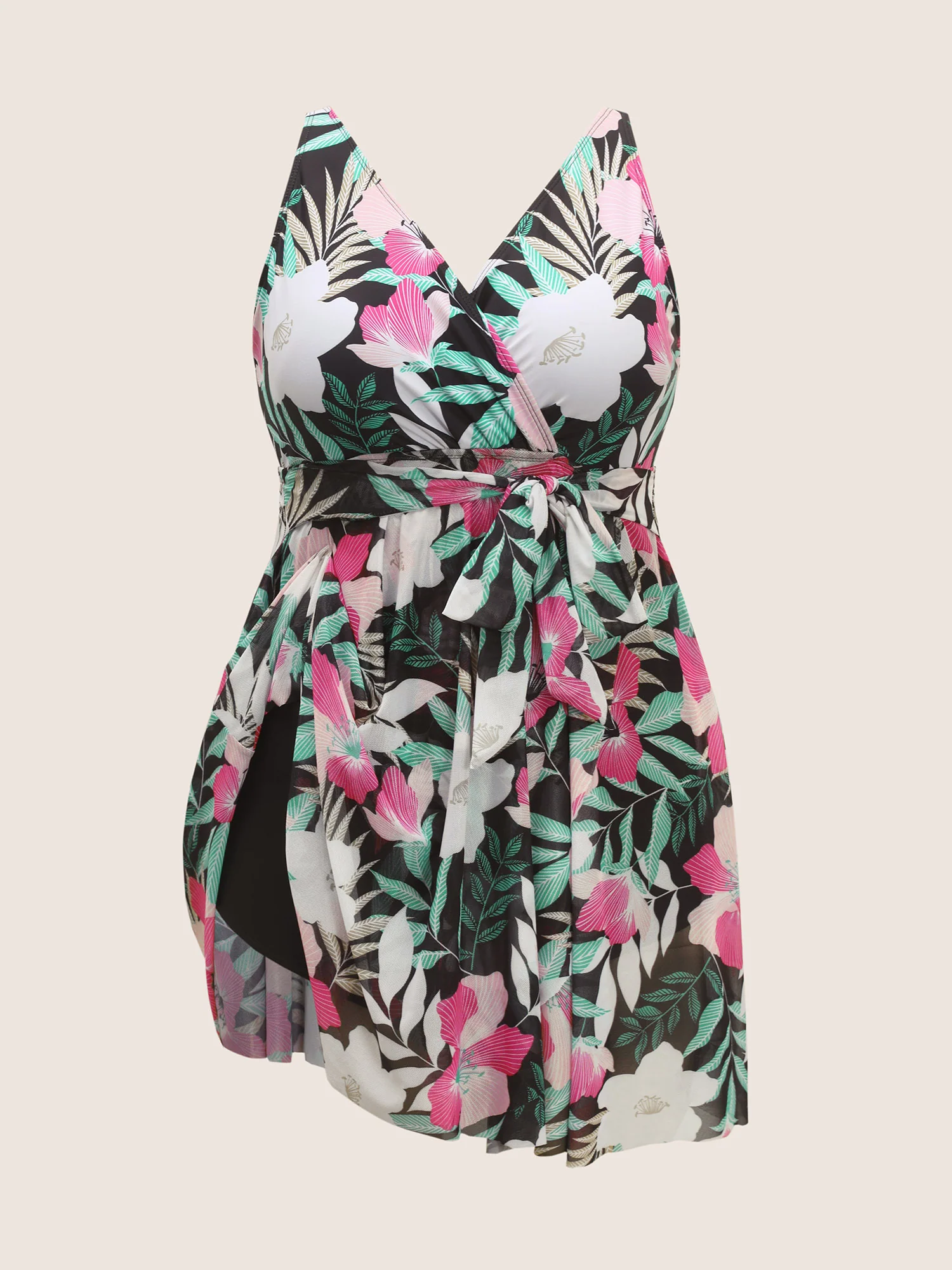 Overlap Collar Floral Mesh Patchwork Swim Dress - Image 8