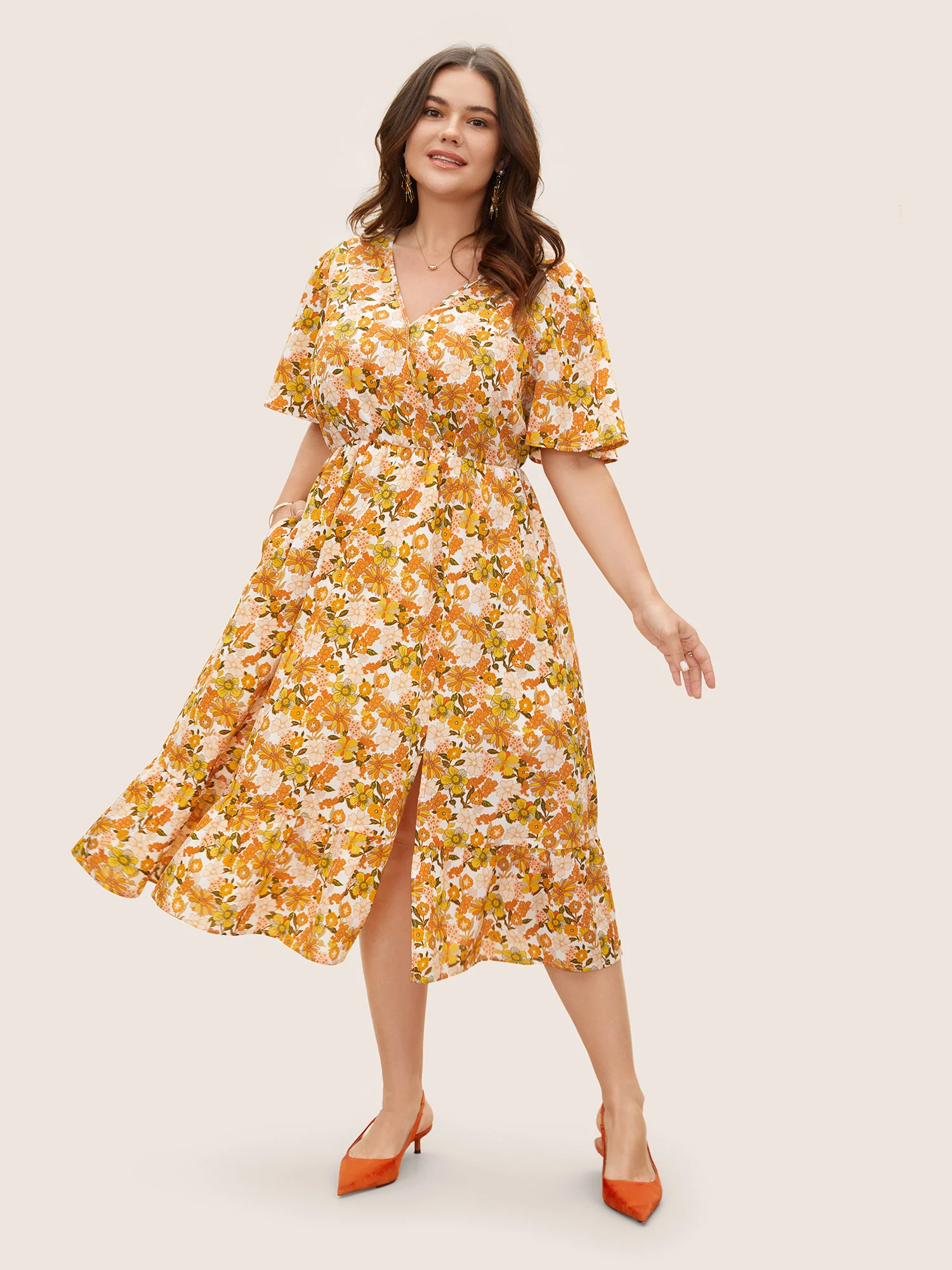 Overlap Collar Floral Elastic Waist Midi Dress - Image 2