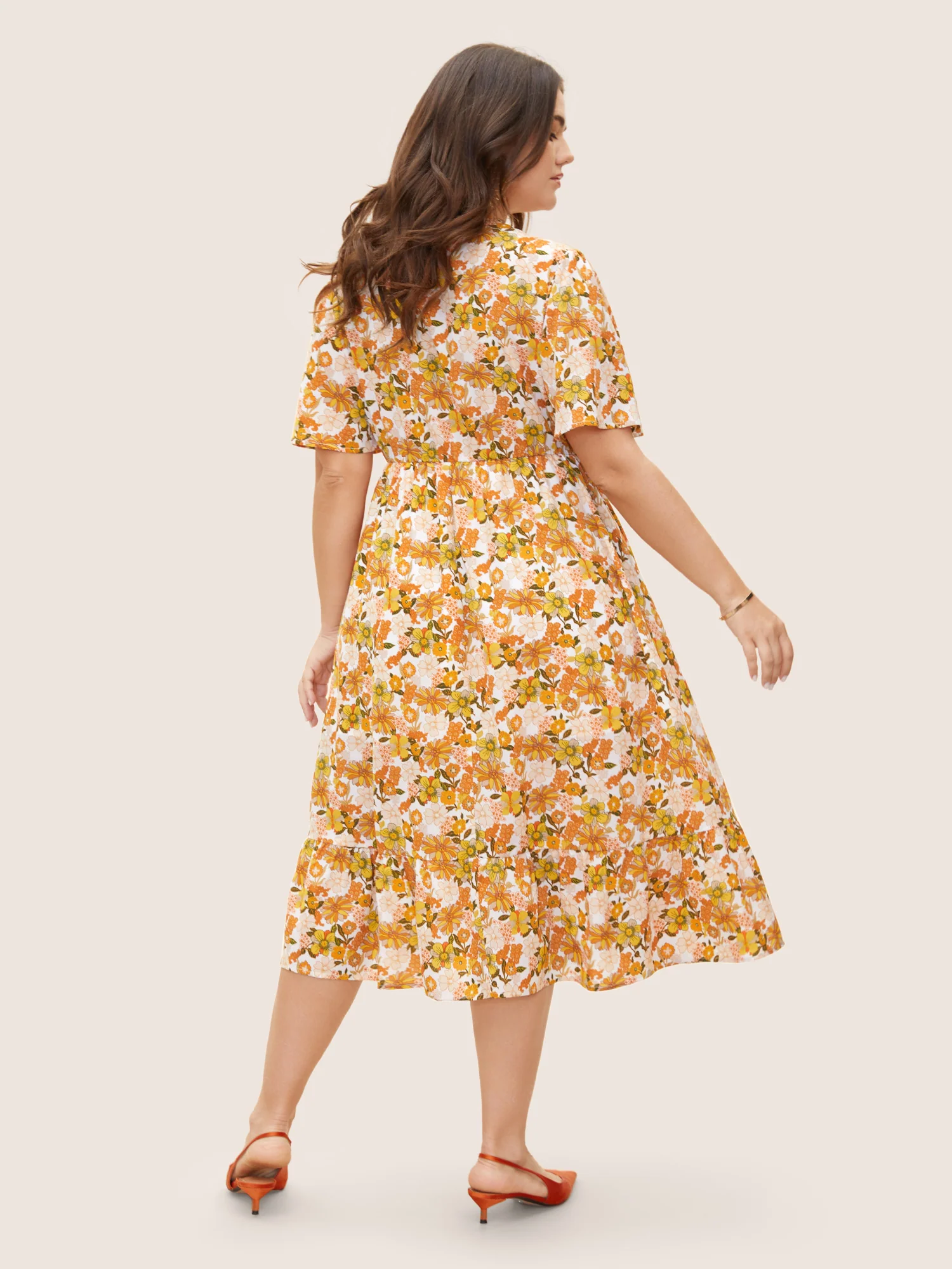 Overlap Collar Floral Elastic Waist Midi Dress - Image 3