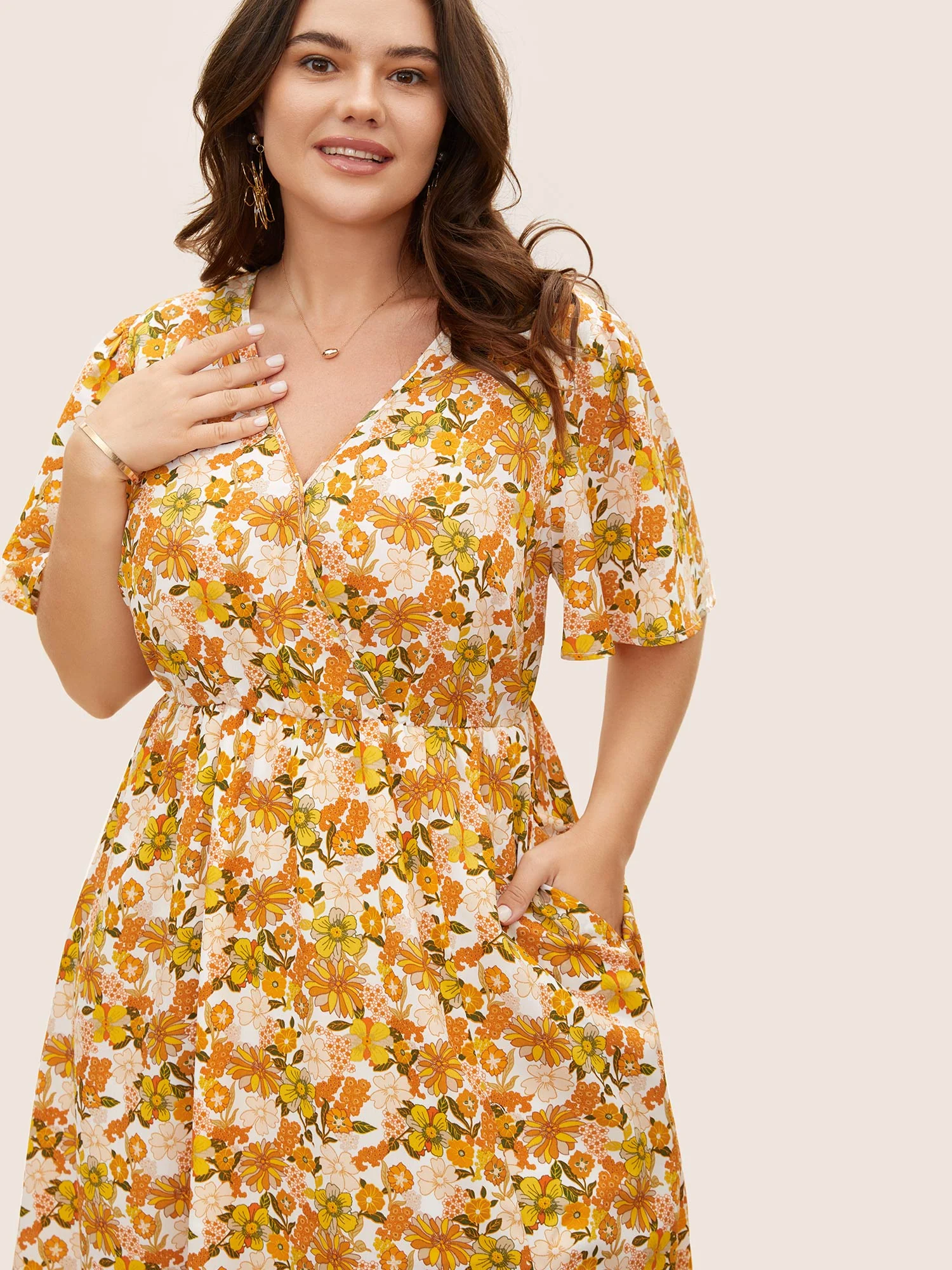 Overlap Collar Floral Elastic Waist Midi Dress - Image 4