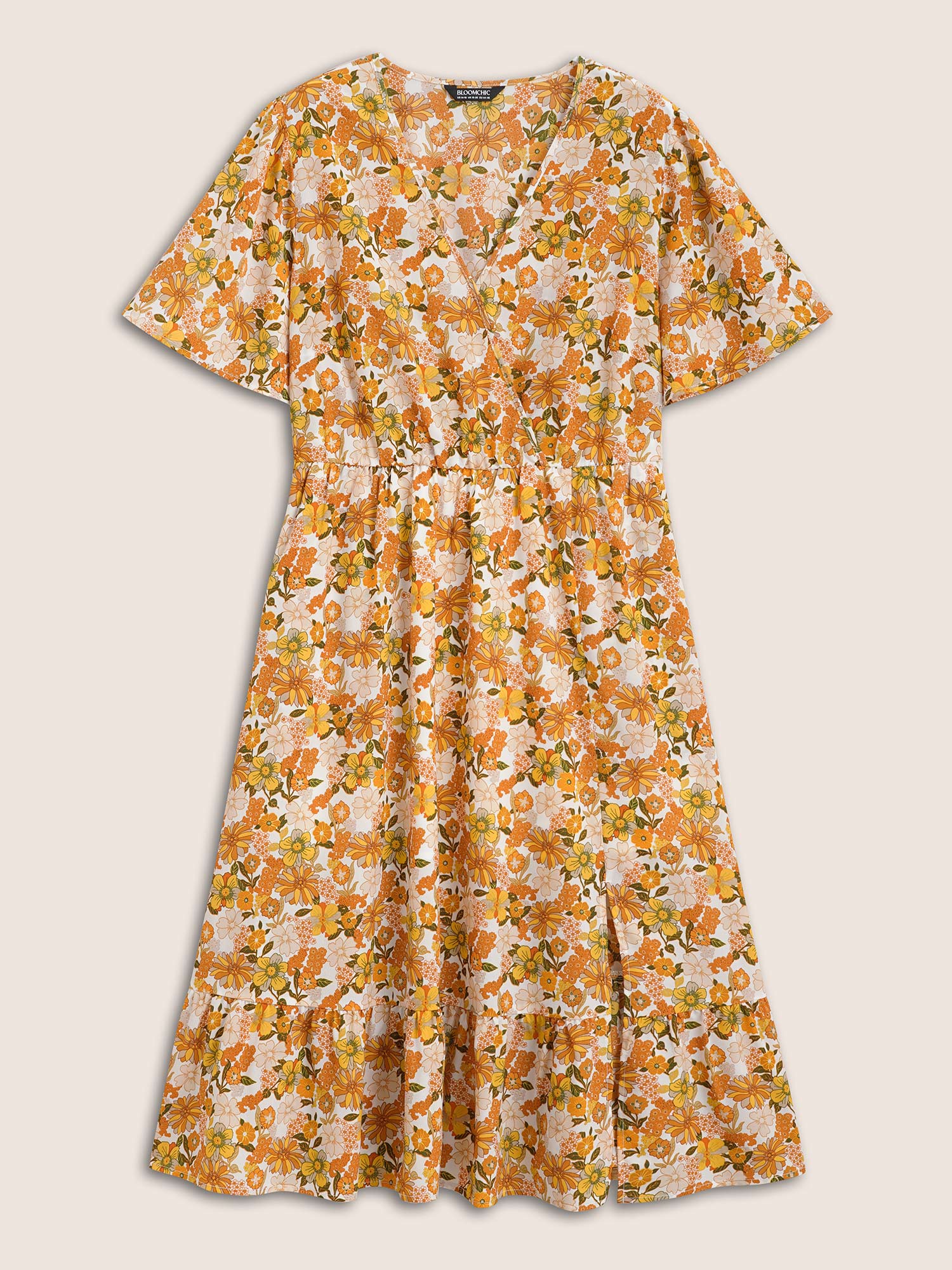 Overlap Collar Floral Elastic Waist Midi Dress - Image 7
