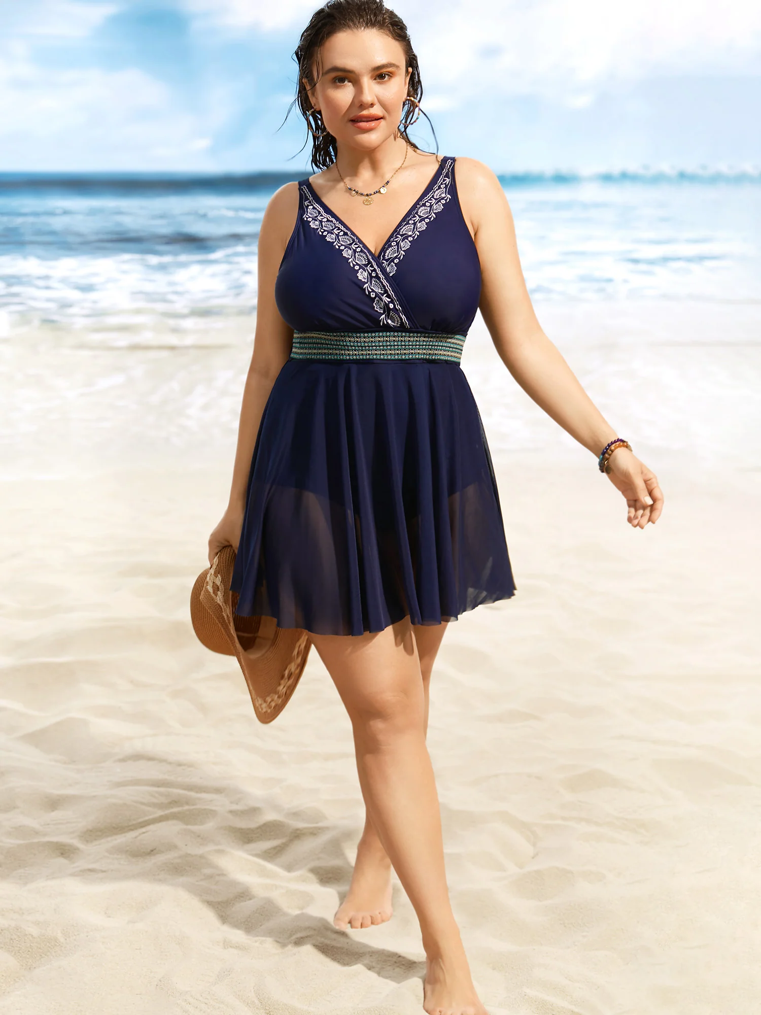 Overlap Collar Floral Embroidered Contrast Webbing Swim Dress - Image 3