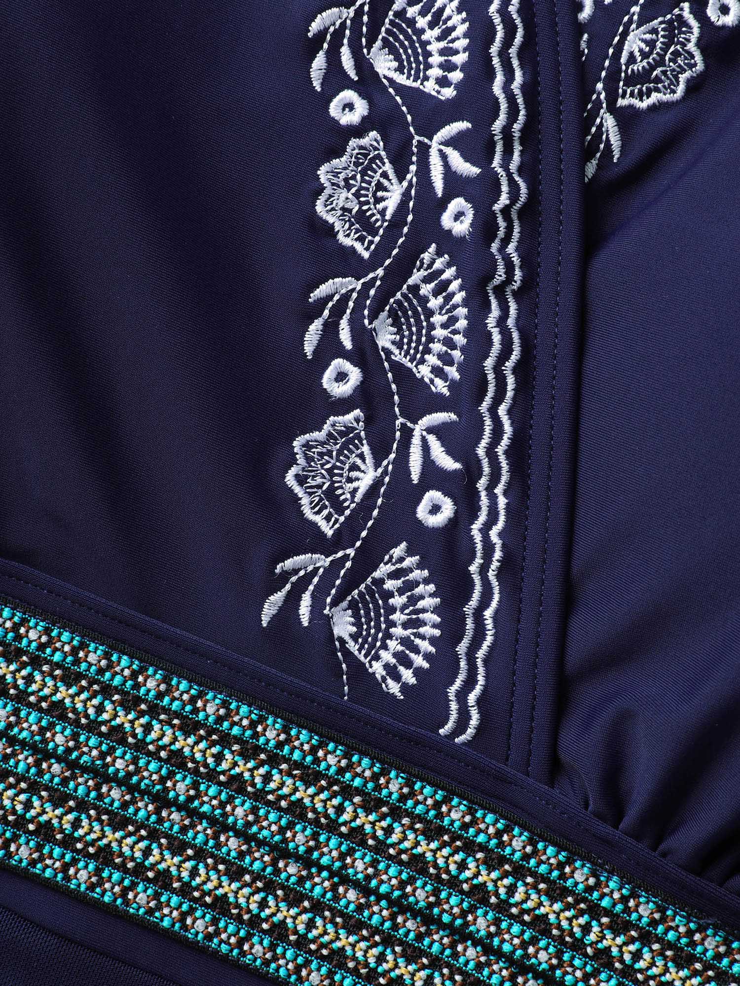 Overlap Collar Floral Embroidered Contrast Webbing Swim Dress - Image 5