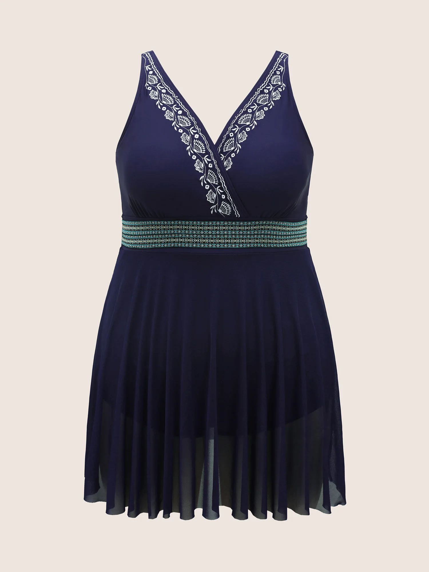 Overlap Collar Floral Embroidered Contrast Webbing Swim Dress - Image 7