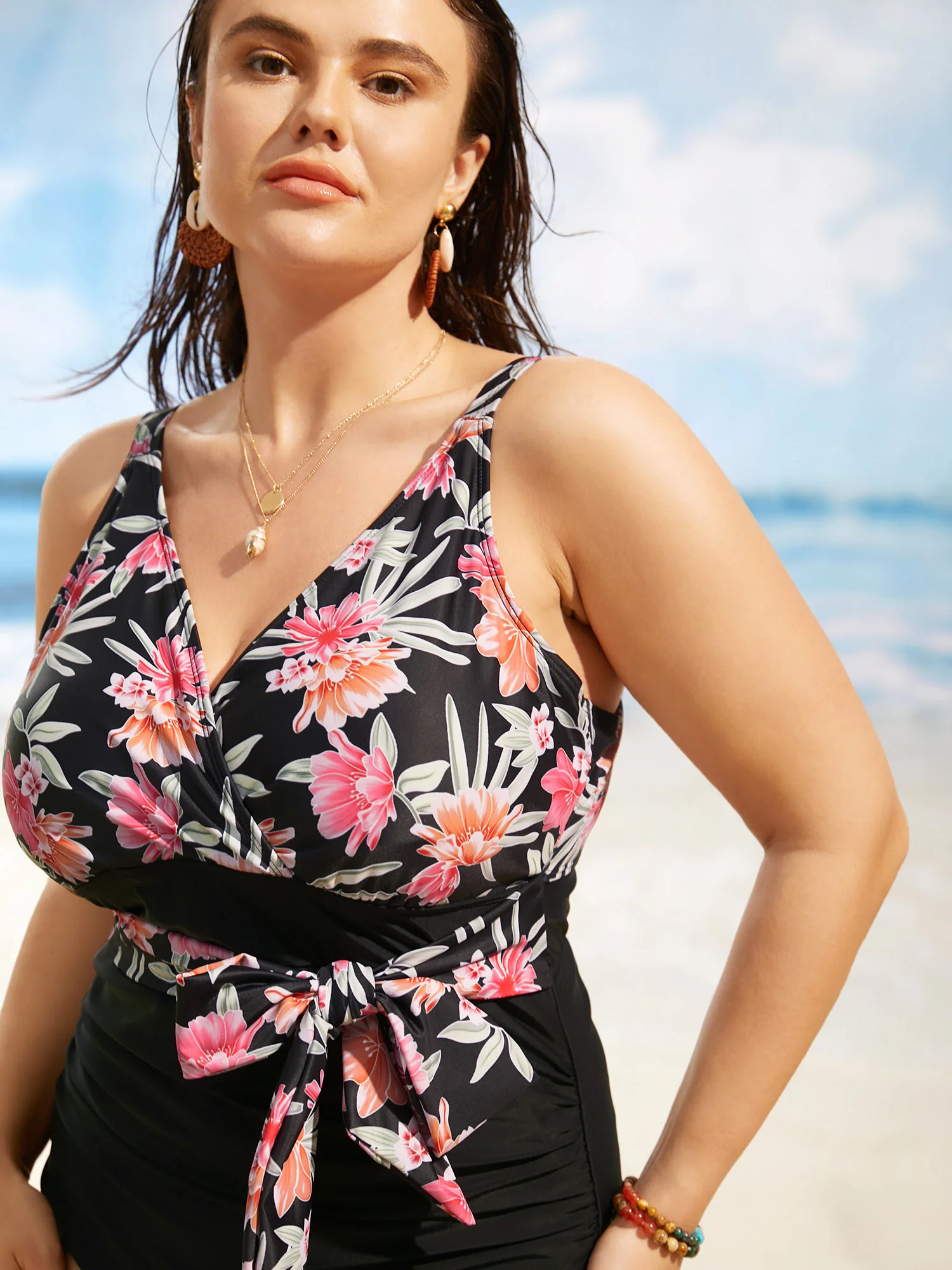 Overlap Collar Floral Patchwork Tie Knot One Piece Swimsuit - Image 4