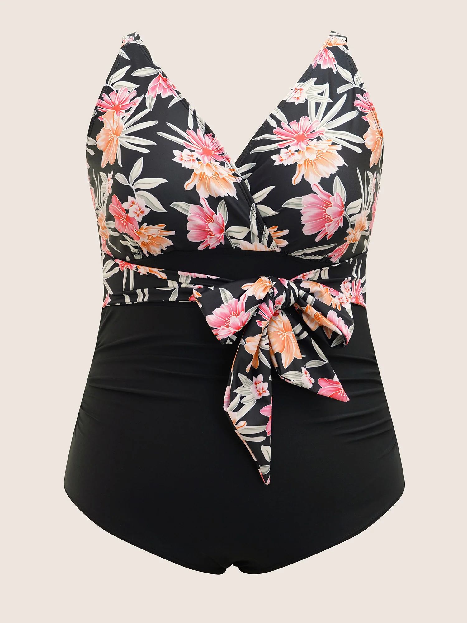 Overlap Collar Floral Patchwork Tie Knot One Piece Swimsuit - Image 8