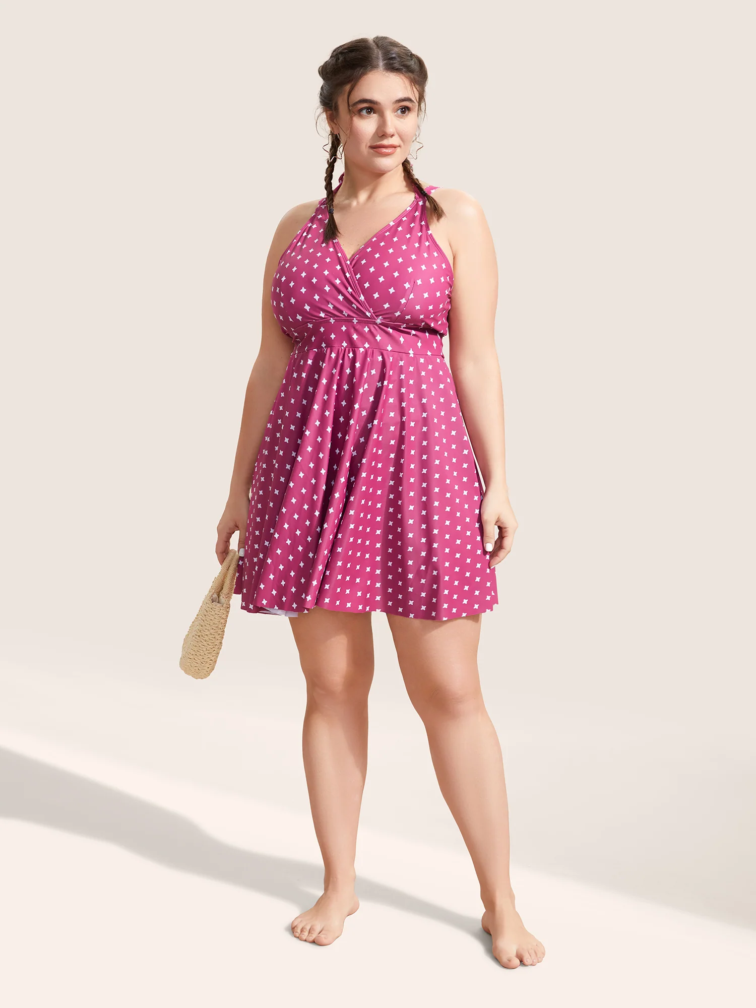 Overlap Collar Geometric Tie Knot Swim Dress - Image 3