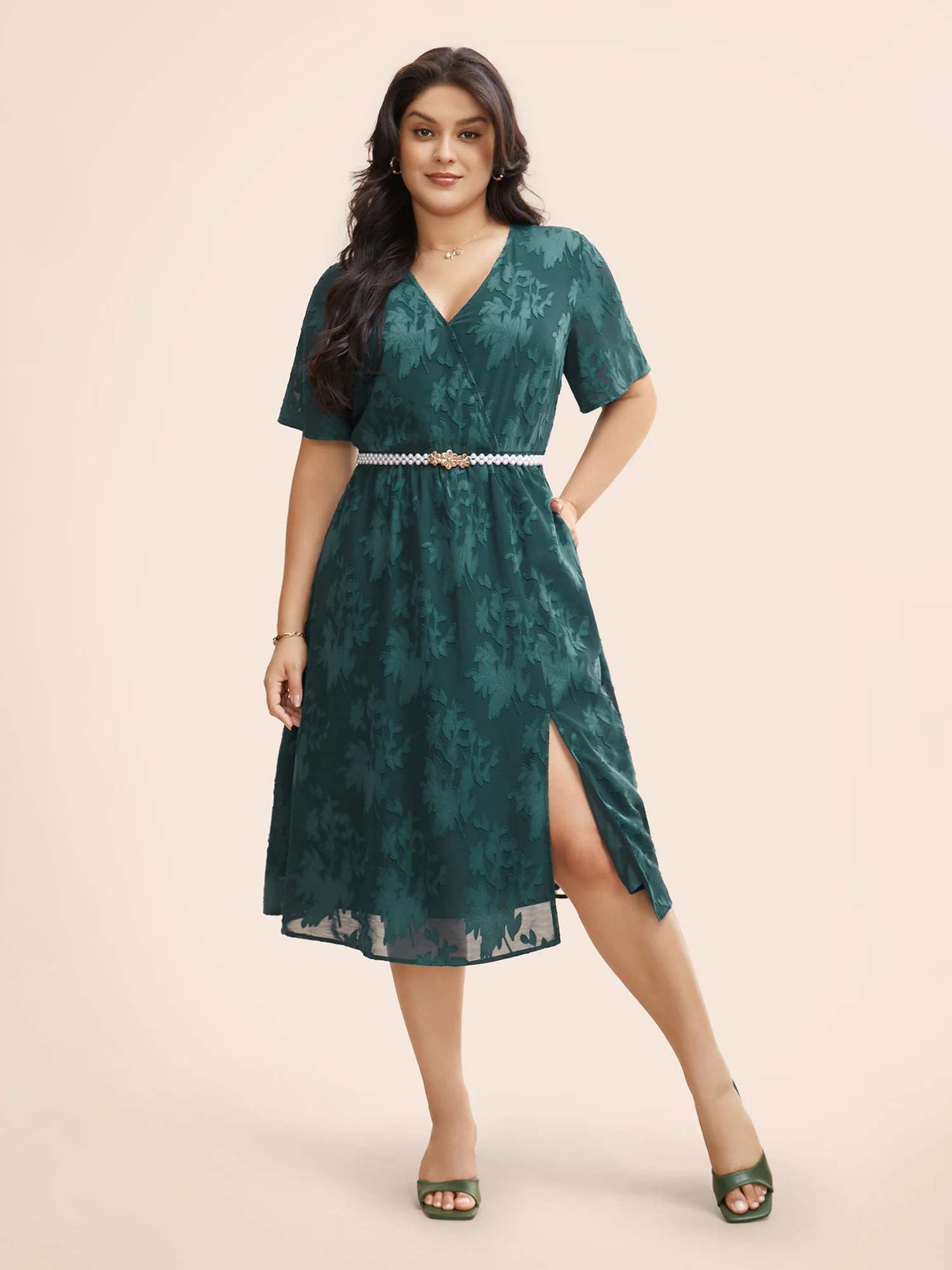 Overlap Collar Jacquard Split Hem Dress - Image 3