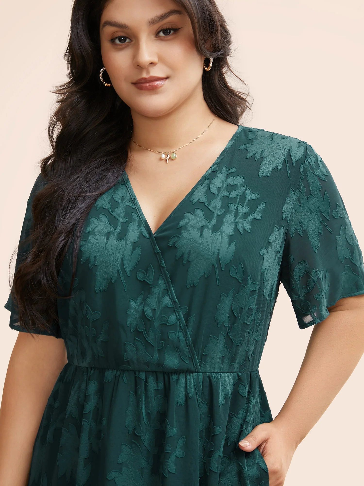 Overlap Collar Jacquard Split Hem Dress - Image 4