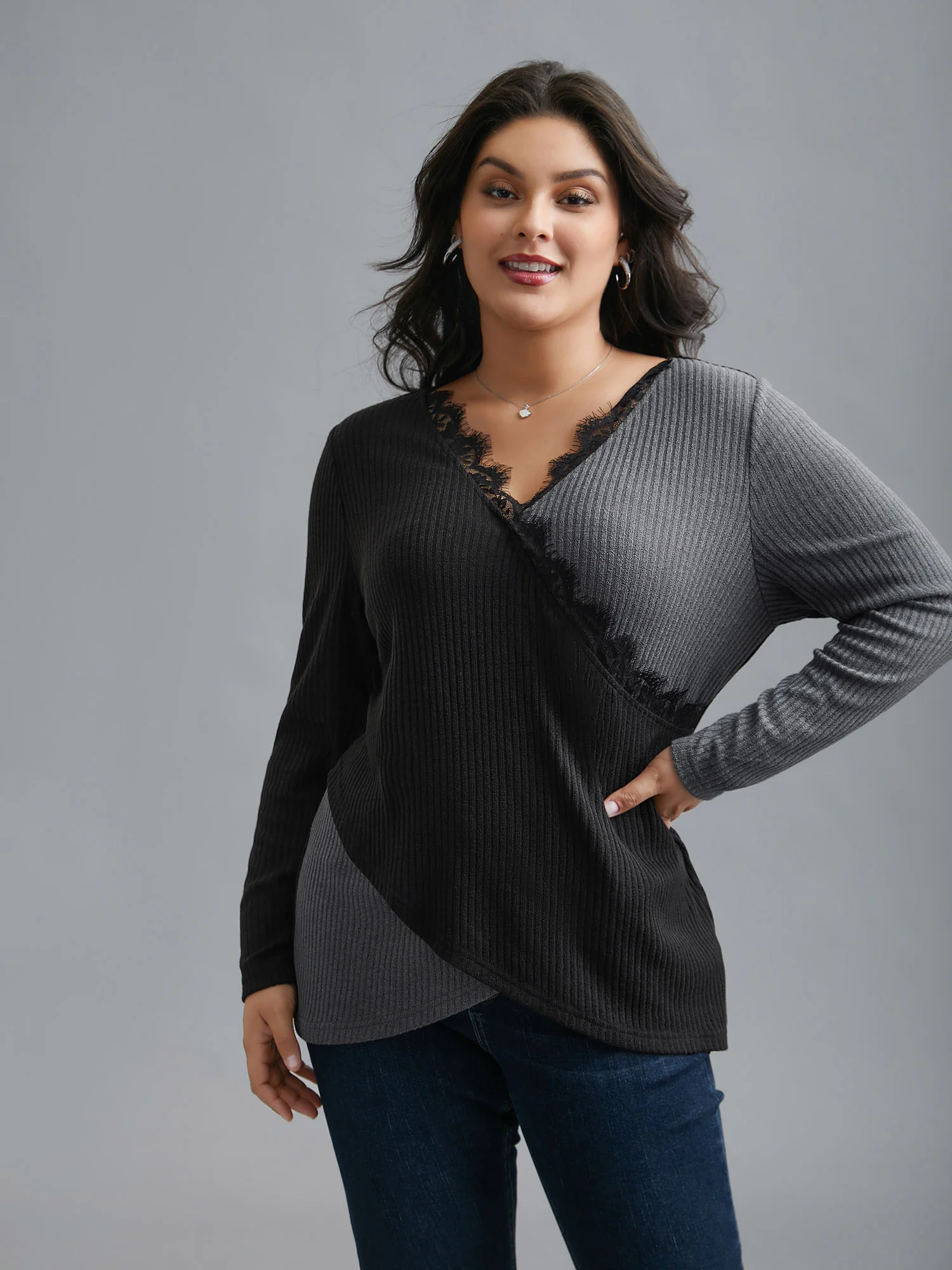 Overlap Collar Lace Trim Stitch T-Shirt - Image 2
