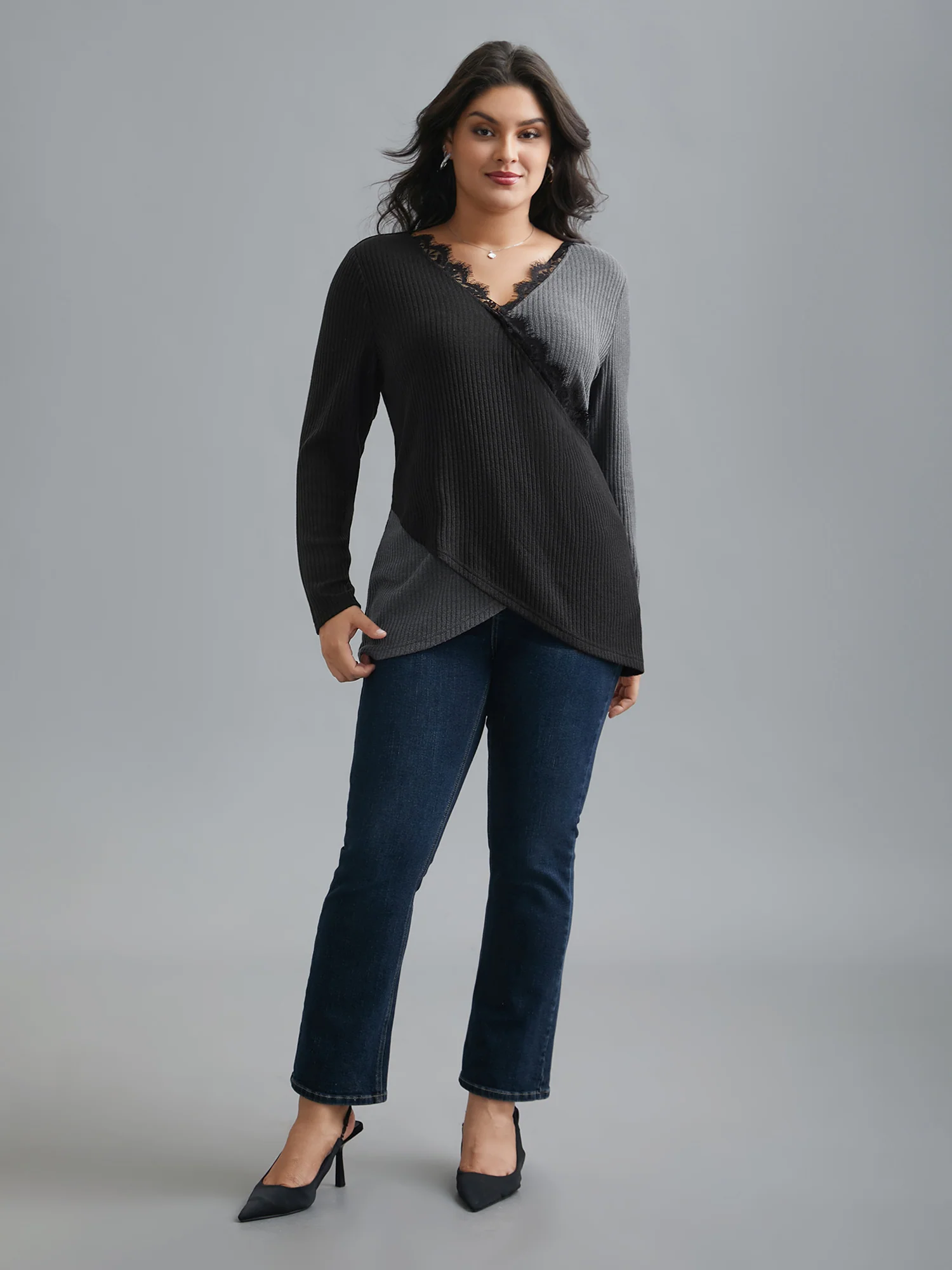 Overlap Collar Lace Trim Stitch T-Shirt - Image 3