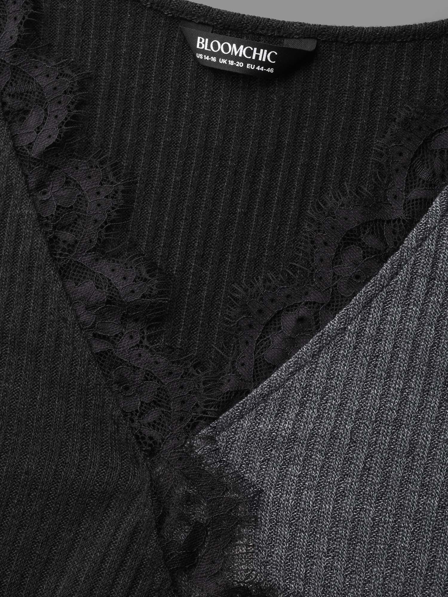 Overlap Collar Lace Trim Stitch T-Shirt - Image 7