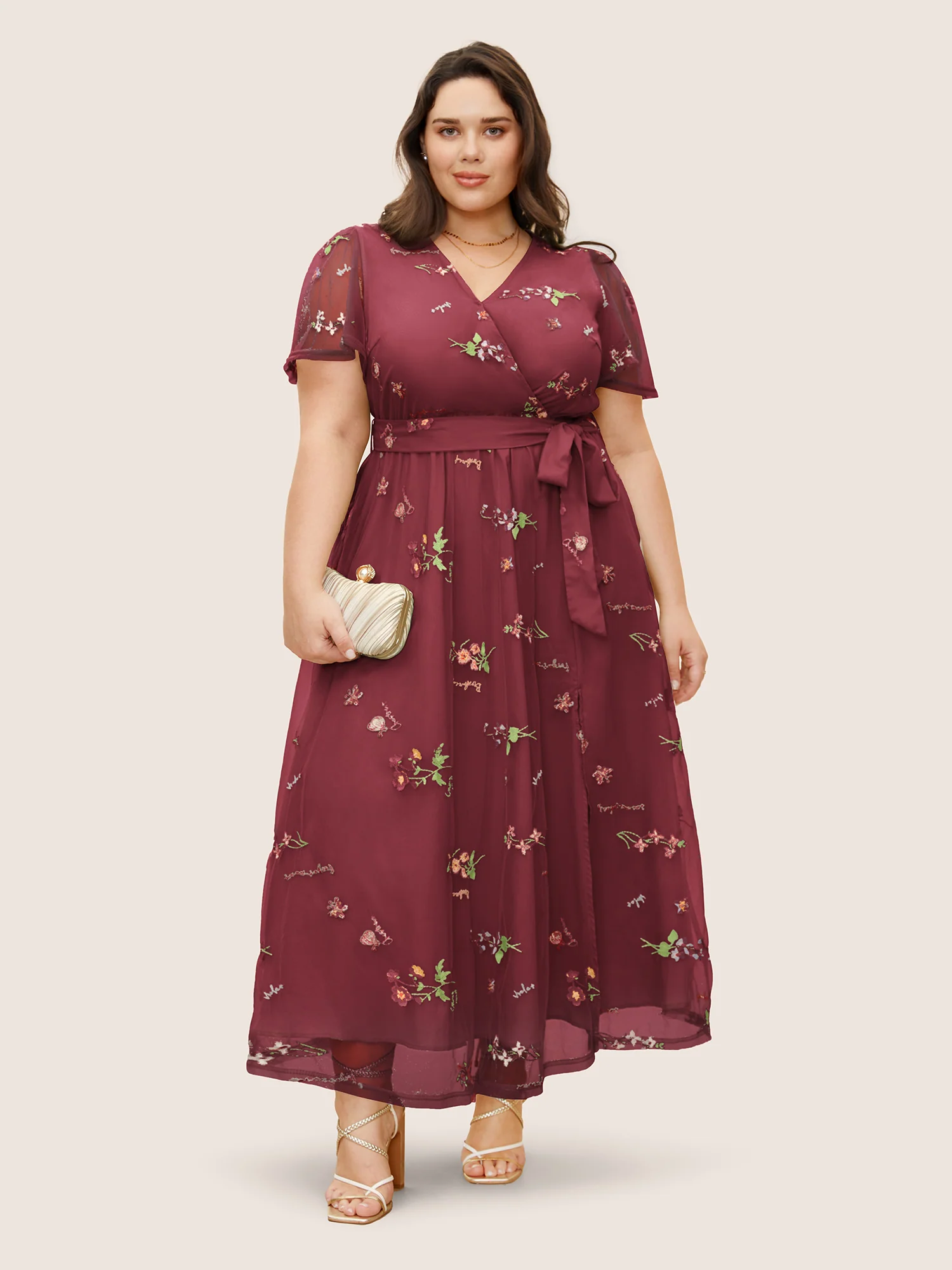 Overlap Collar Mesh Floral Embroidered Dress