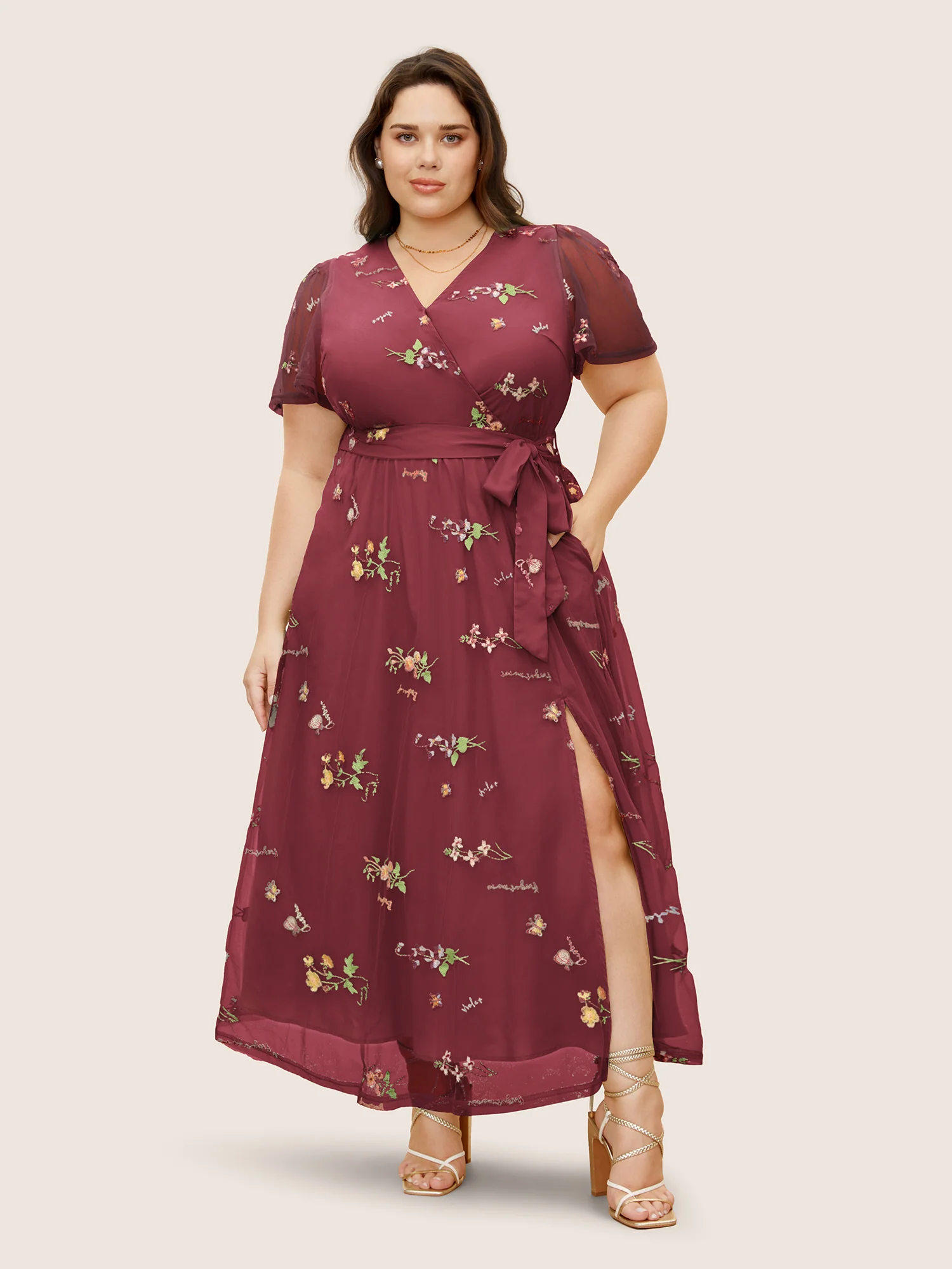 Overlap Collar Mesh Floral Embroidered Dress - Image 2