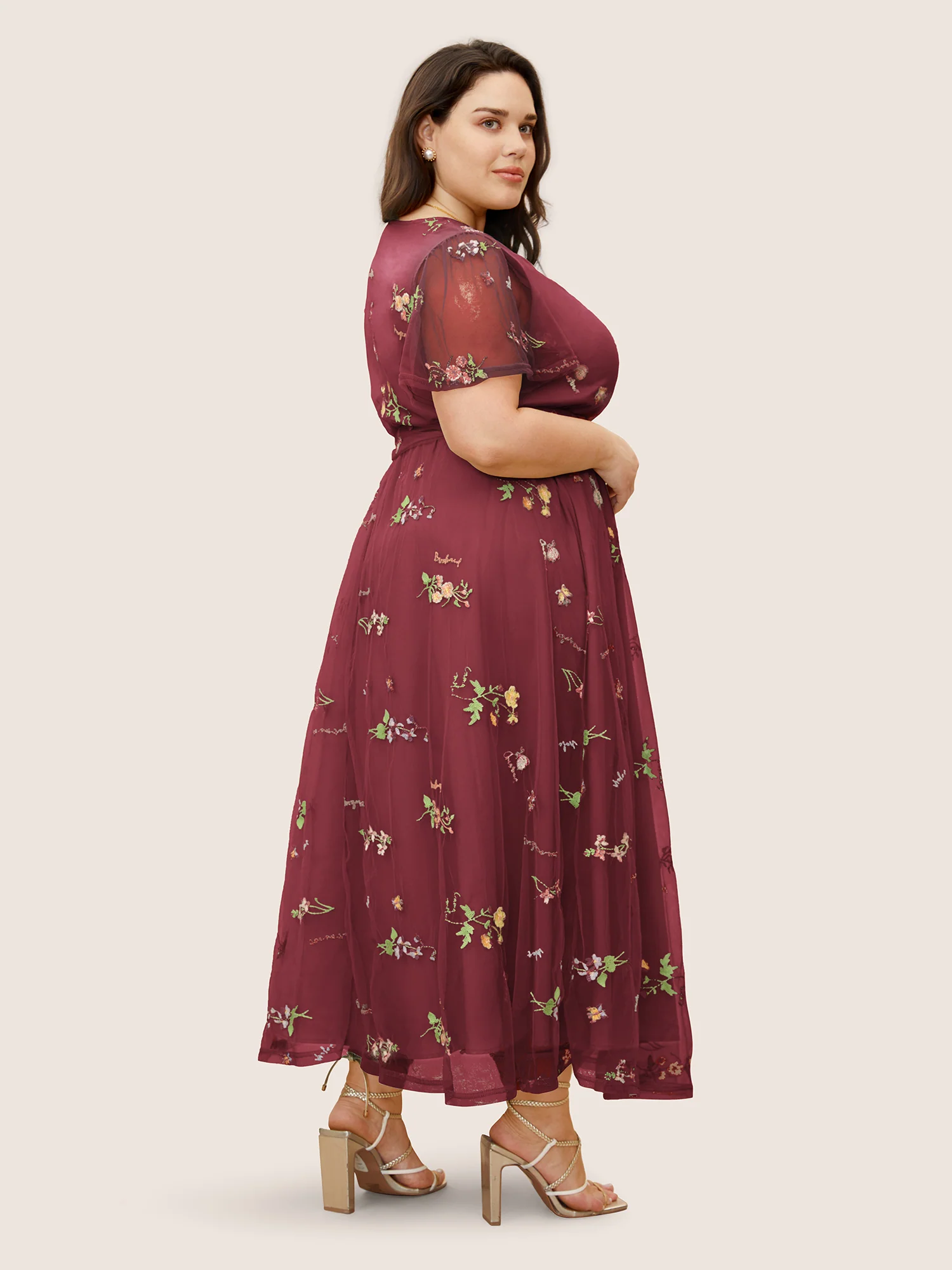 Overlap Collar Mesh Floral Embroidered Dress - Image 3
