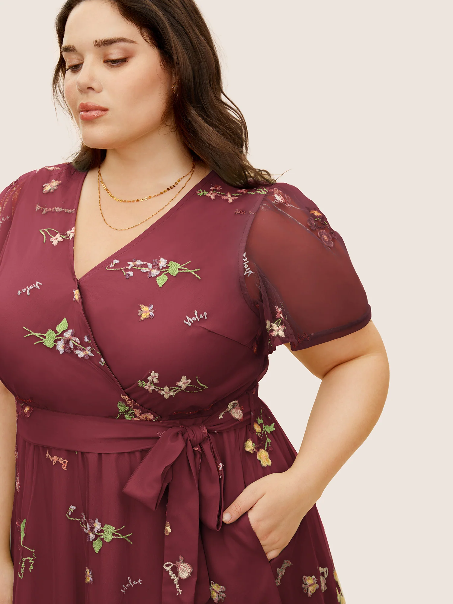 Overlap Collar Mesh Floral Embroidered Dress - Image 4