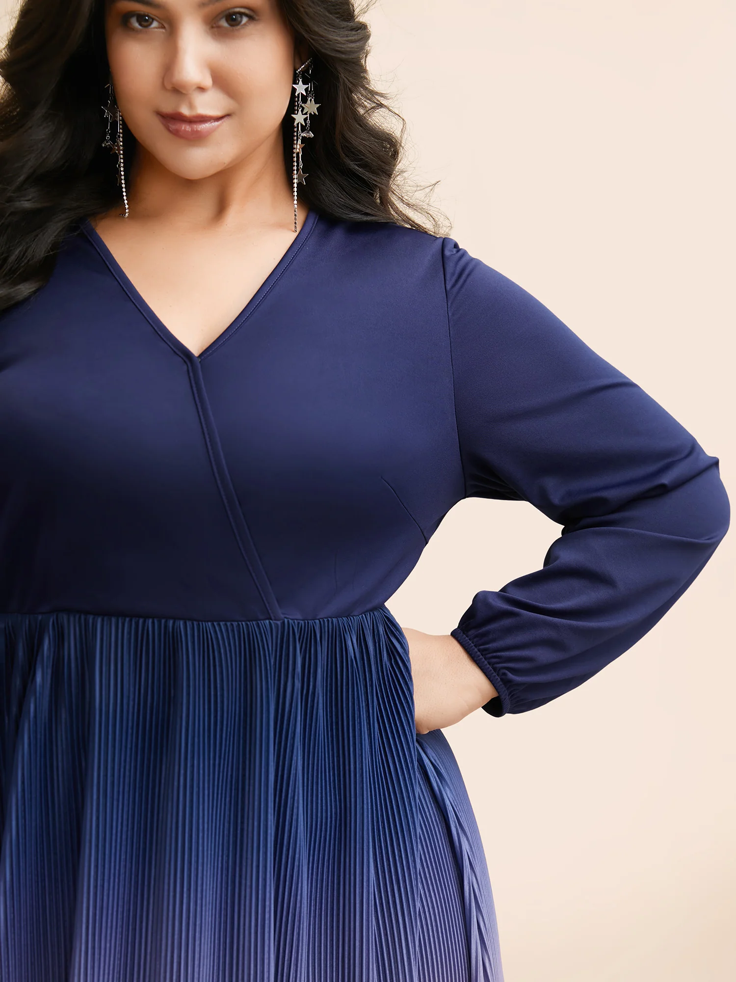 Overlap Collar Ombre Patchwork Pleated Dress - Image 2