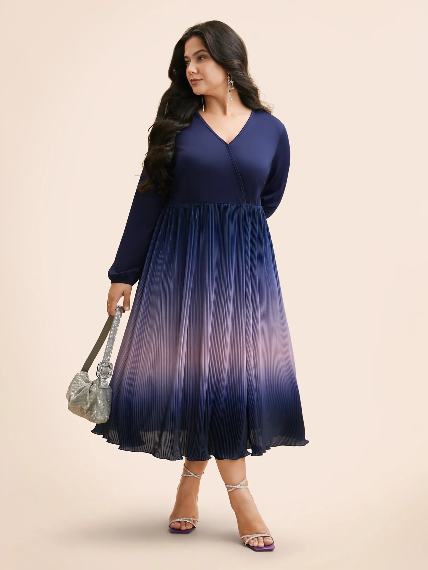 Overlap Collar Ombre Patchwork Pleated Dress - Image 3