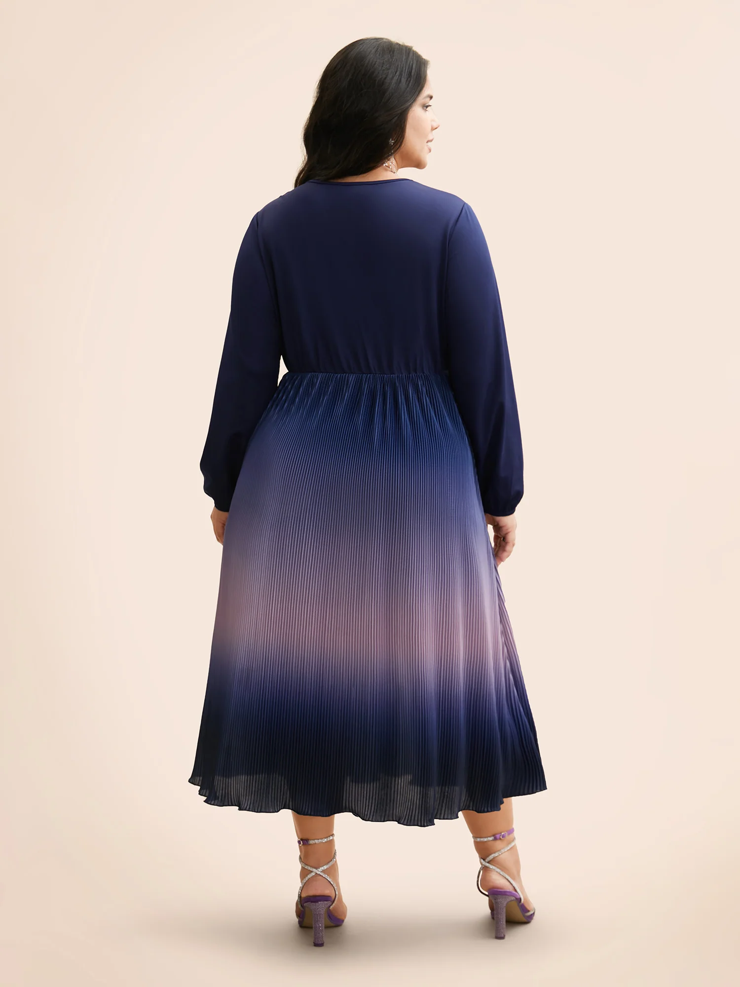 Overlap Collar Ombre Patchwork Pleated Dress - Image 4