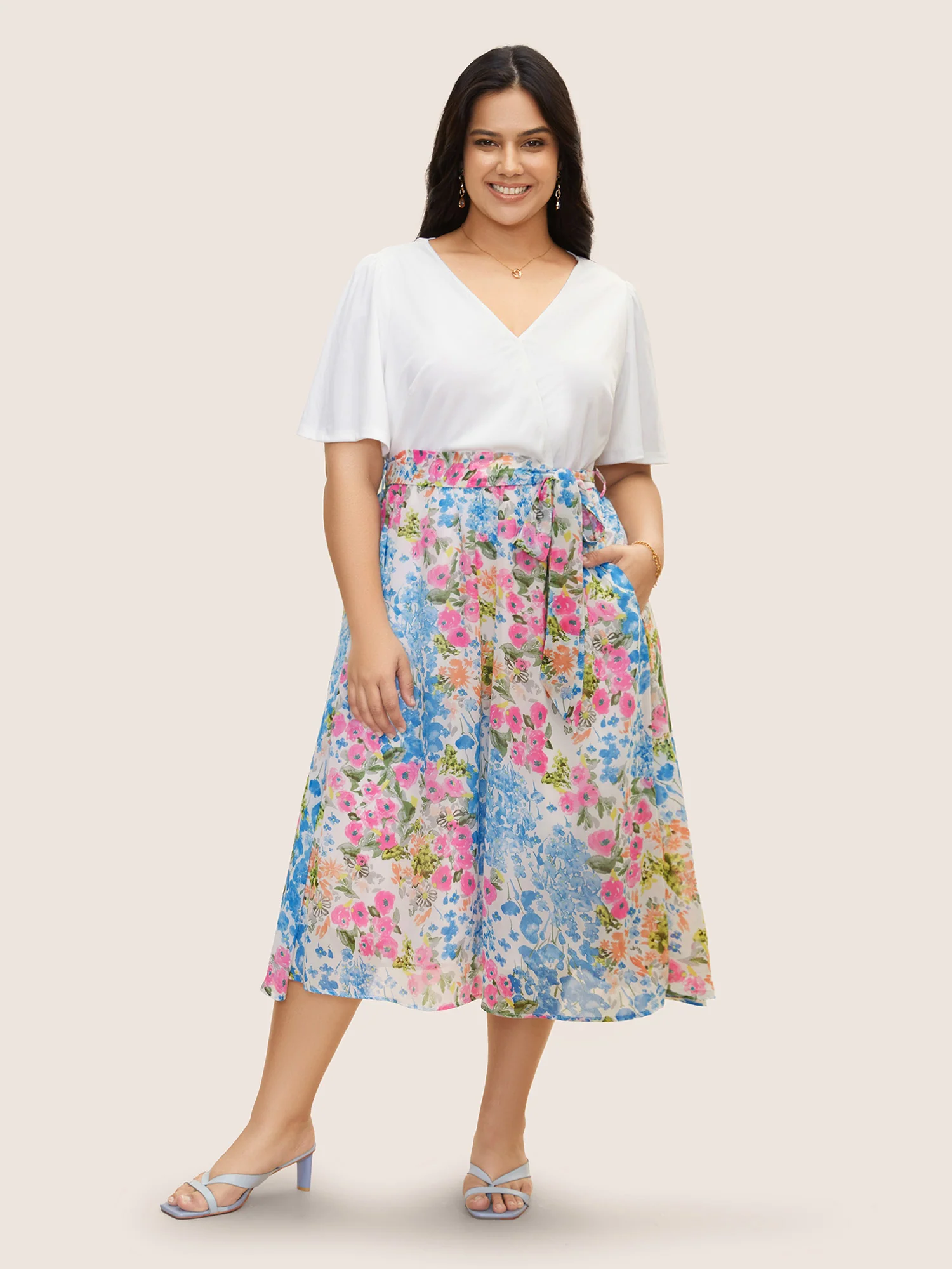 Overlap Collar Patchwork Floral Midi Dress