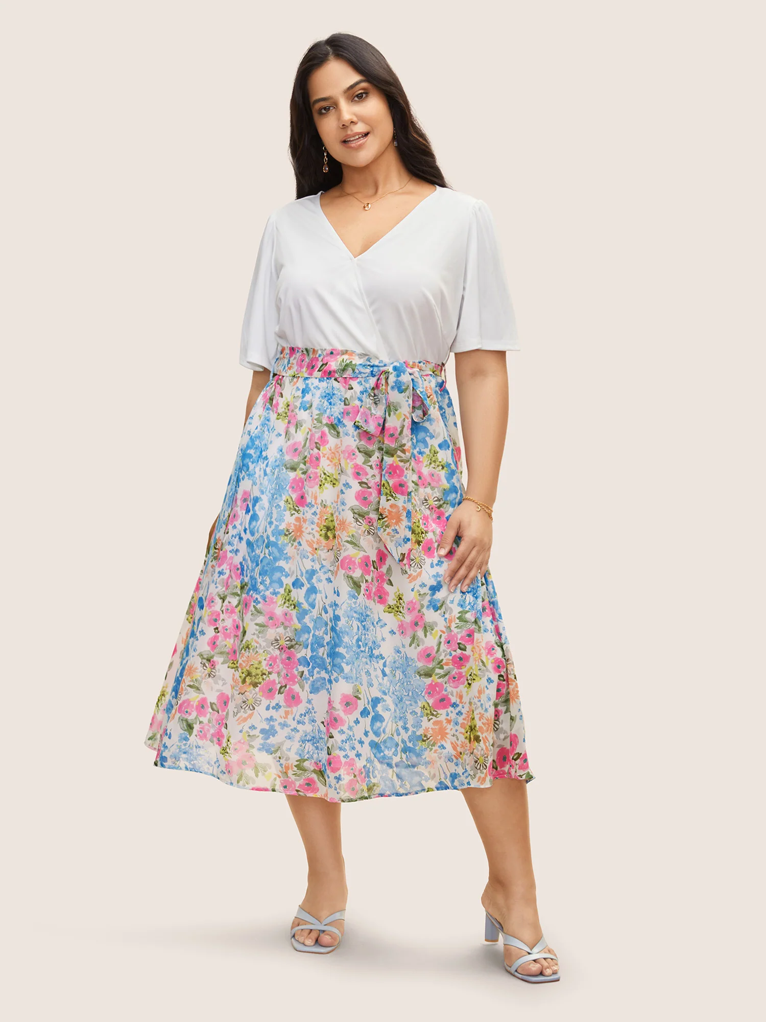 Overlap Collar Patchwork Floral Midi Dress - Image 2