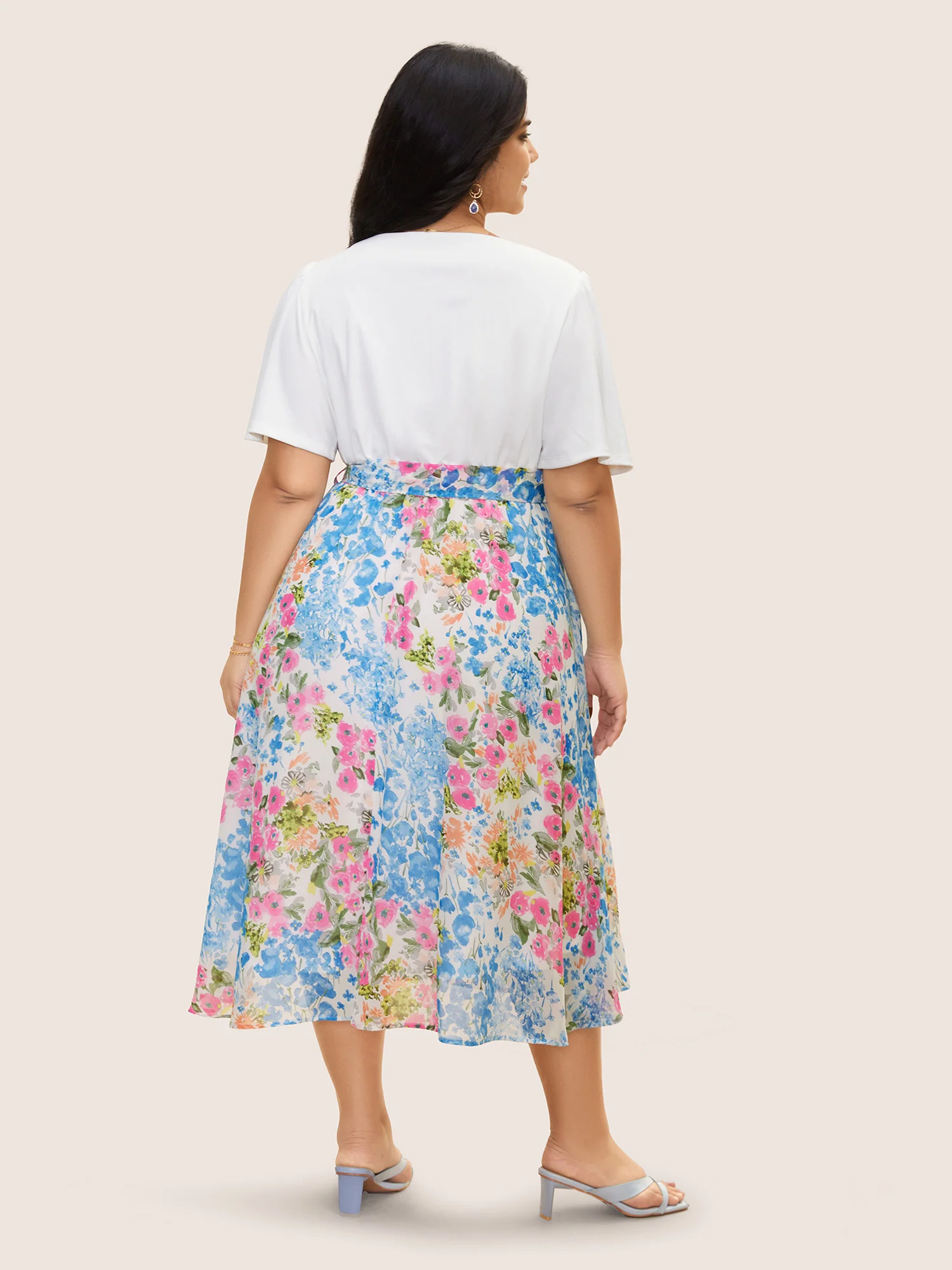 Overlap Collar Patchwork Floral Midi Dress - Image 3
