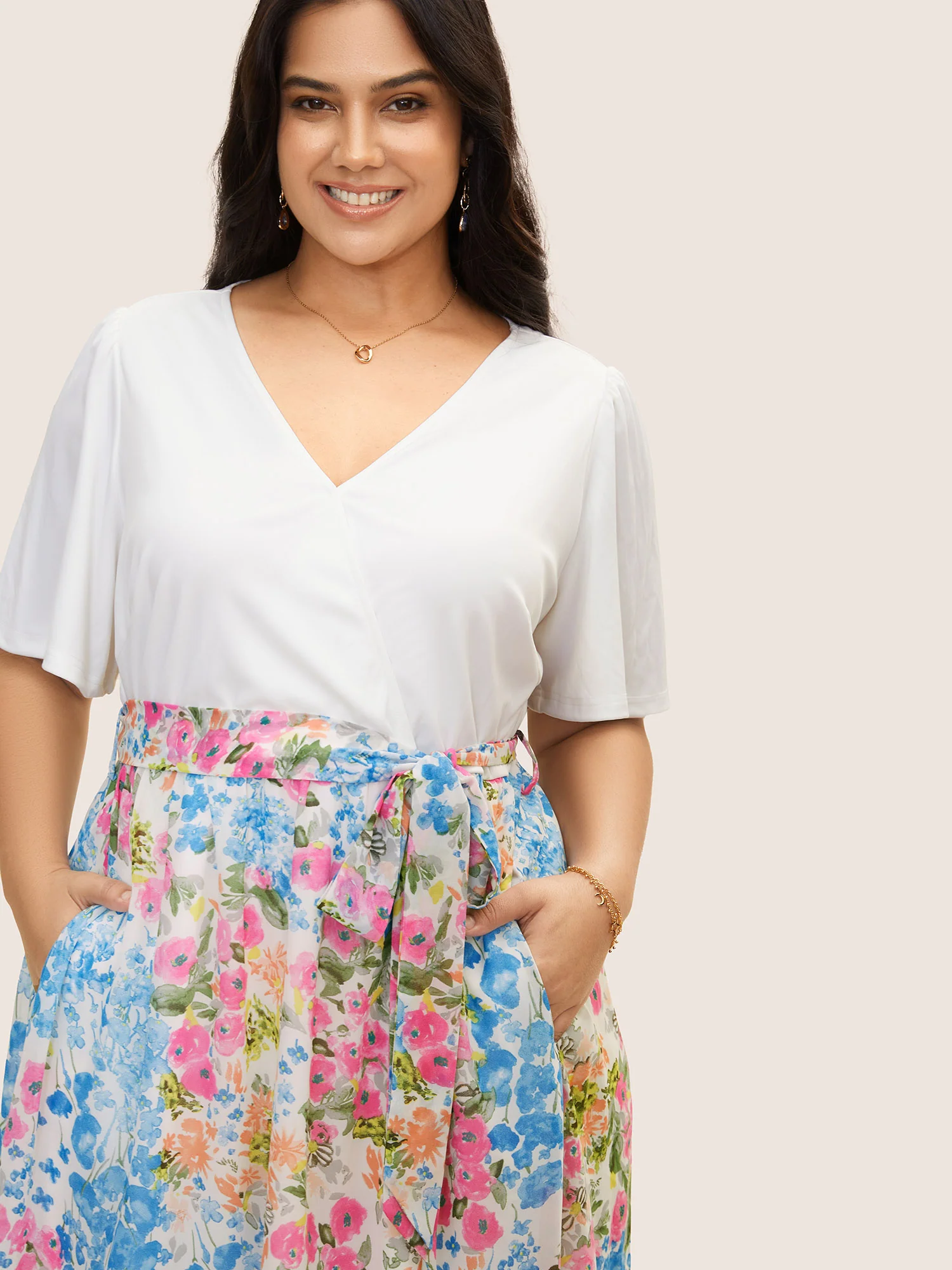 Overlap Collar Patchwork Floral Midi Dress - Image 4