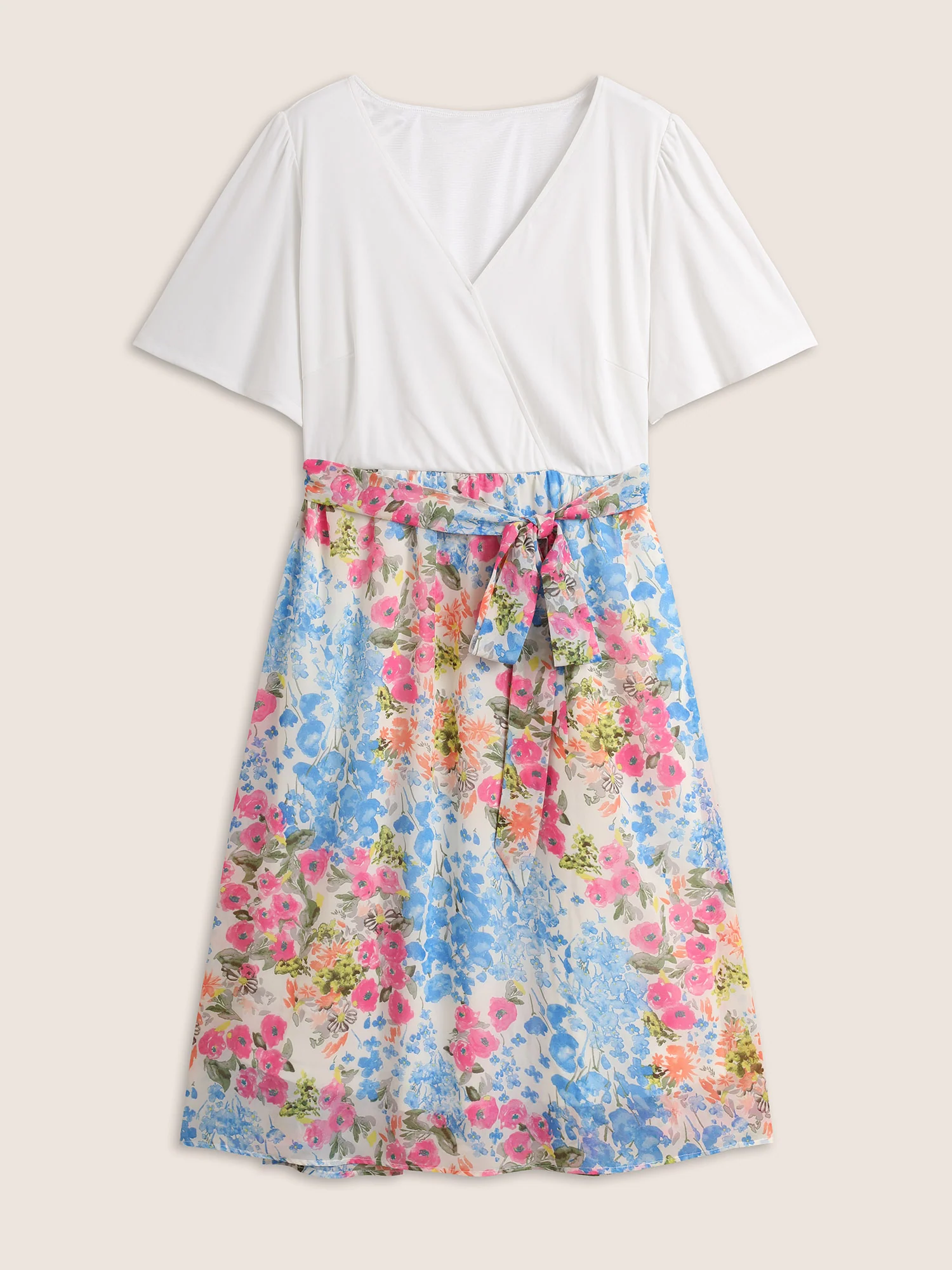 Overlap Collar Patchwork Floral Midi Dress - Image 7