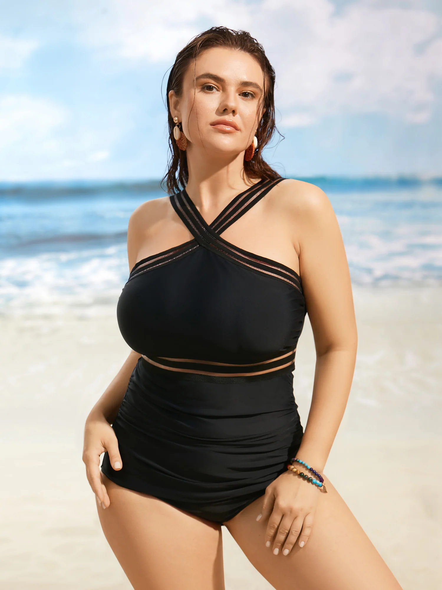 Overlap Collar Patchwork Mesh Gathered One Piece Swimsuit