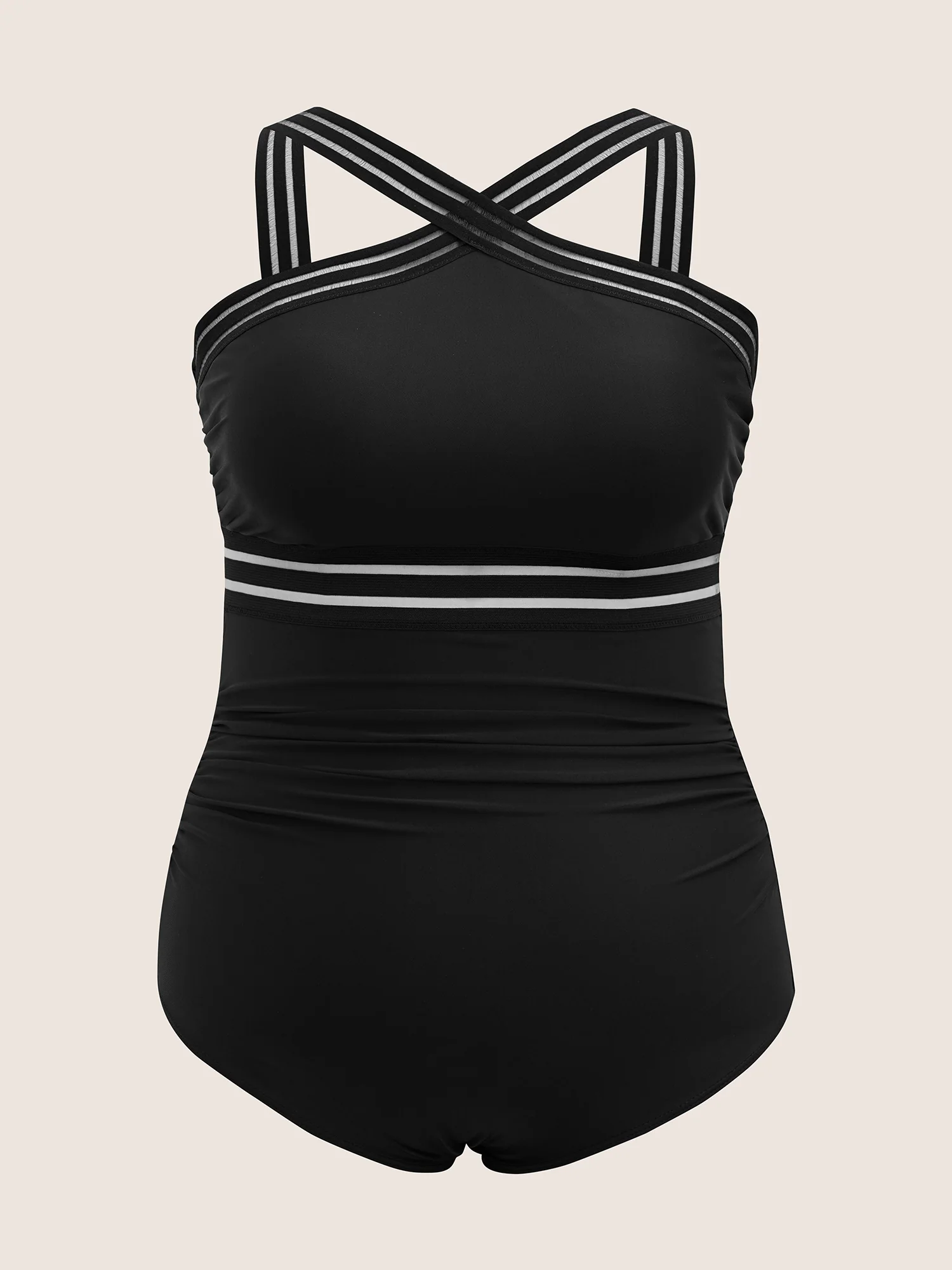 Overlap Collar Patchwork Mesh Gathered One Piece Swimsuit - Image 7
