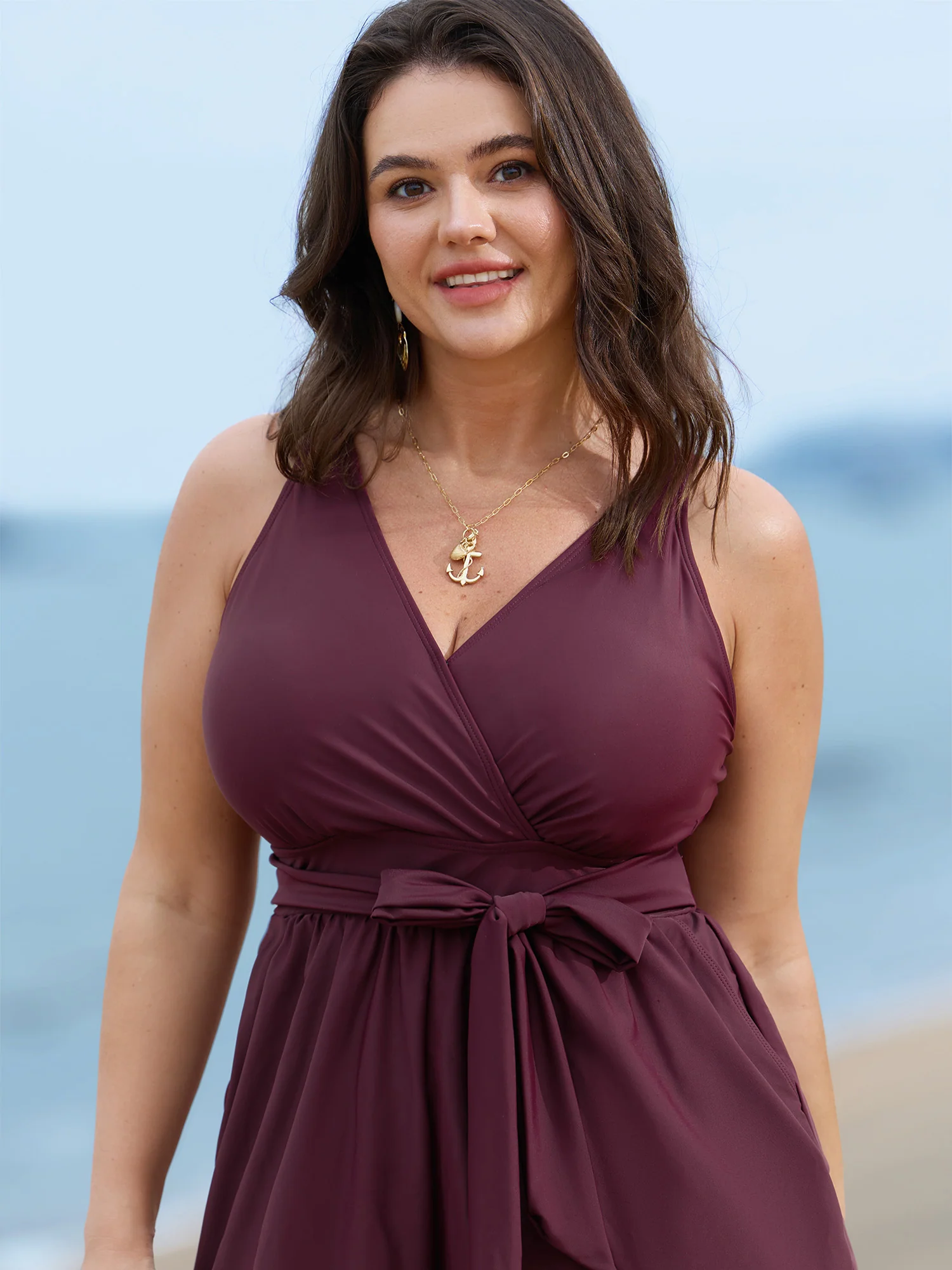 Surplice Neckline Belted Plain One-Piece Swimsuit - Image 13