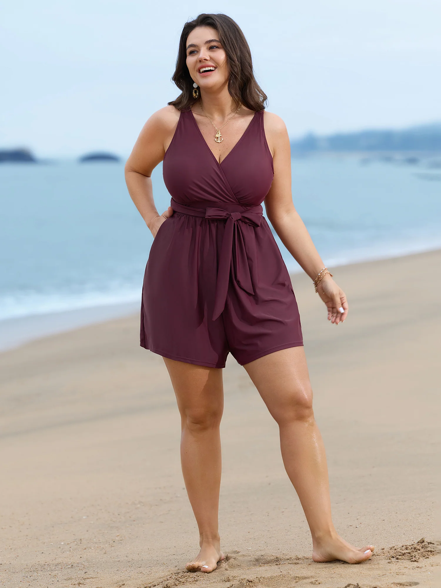 Surplice Neckline Belted Plain One-Piece Swimsuit - Image 14