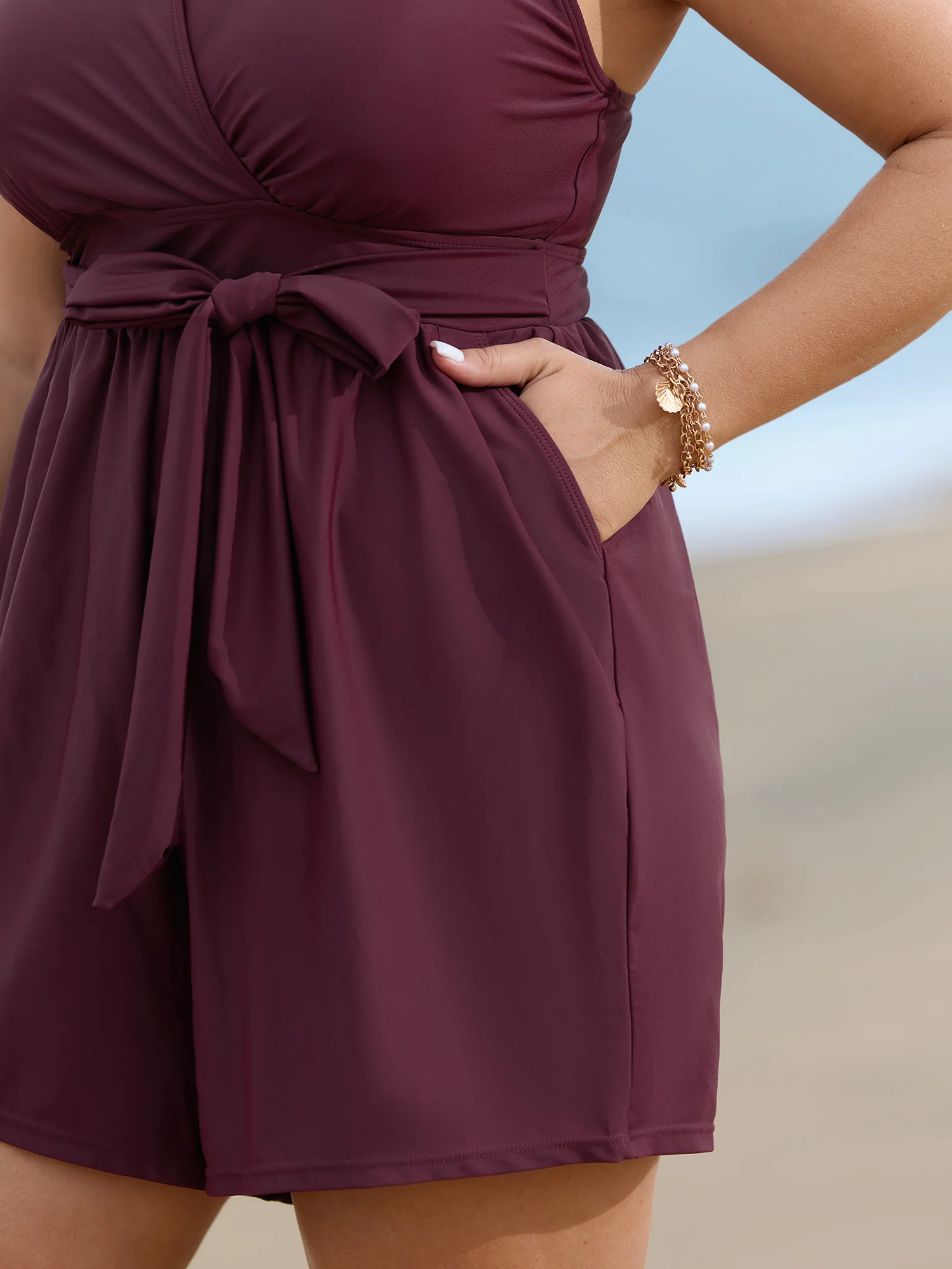 Surplice Neckline Belted Plain One-Piece Swimsuit - Image 15