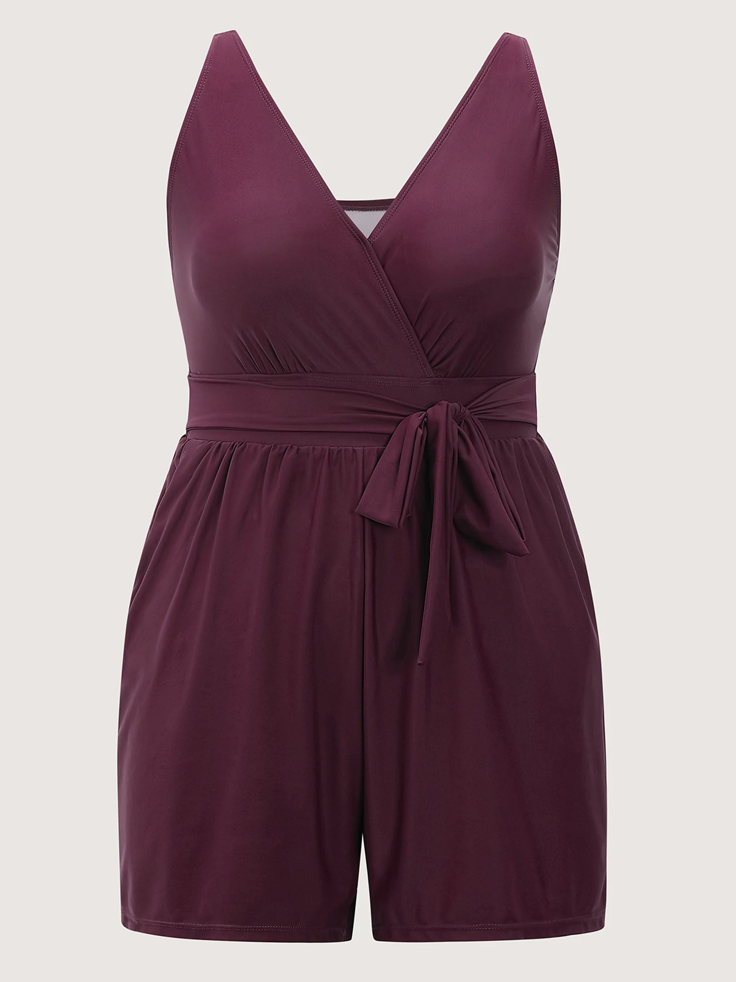 Surplice Neckline Belted Plain One-Piece Swimsuit - Image 20