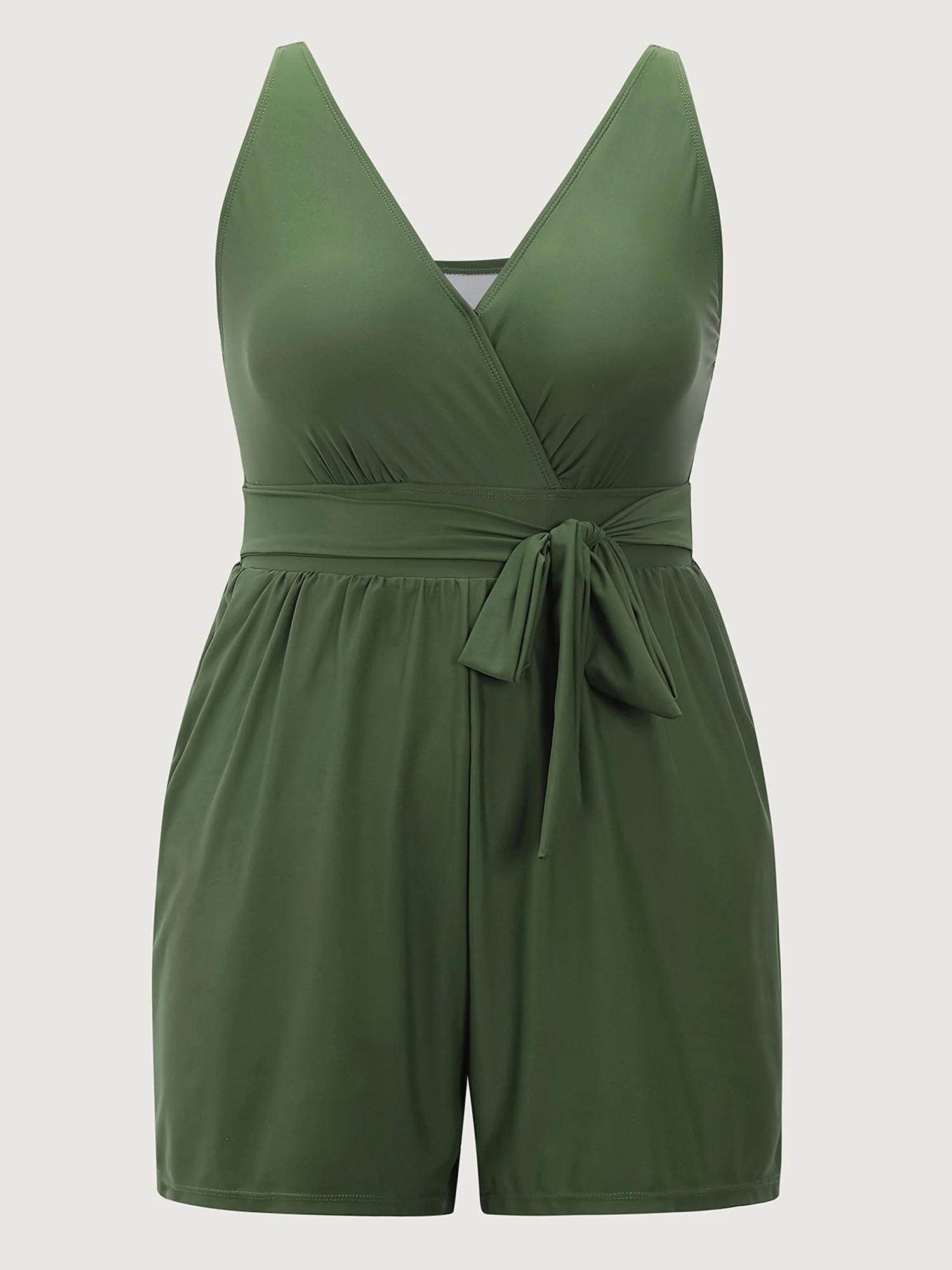Surplice Neckline Belted Plain One-Piece Swimsuit - Image 46