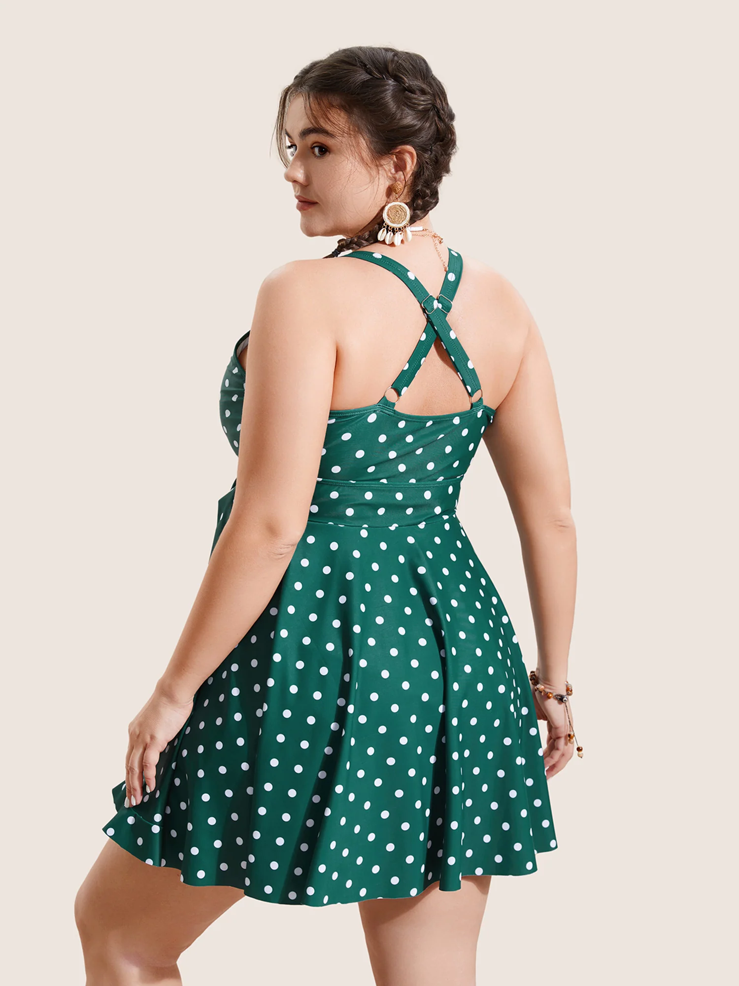 Overlap Collar Polka Dot Tie Knot Ruffles Swim Dress - Image 2