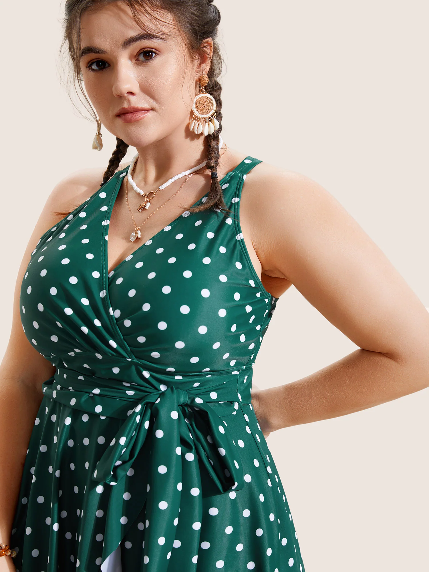 Overlap Collar Polka Dot Tie Knot Ruffles Swim Dress - Image 3