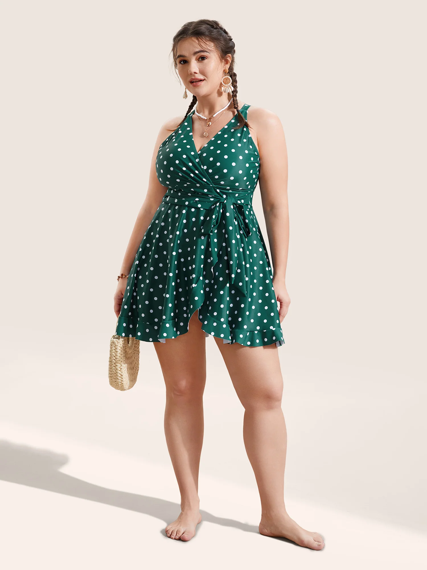 Overlap Collar Polka Dot Tie Knot Ruffles Swim Dress - Image 4