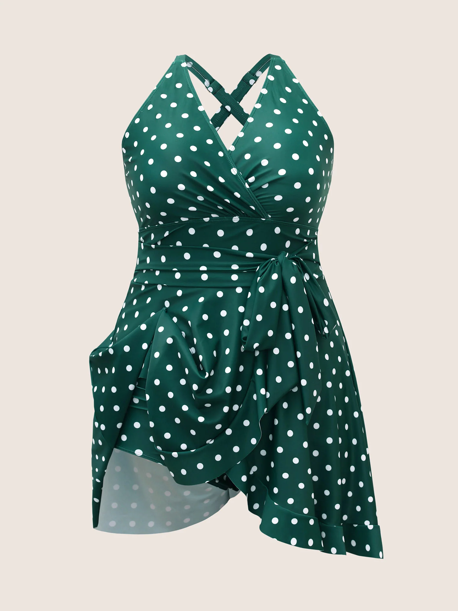 Overlap Collar Polka Dot Tie Knot Ruffles Swim Dress - Image 7