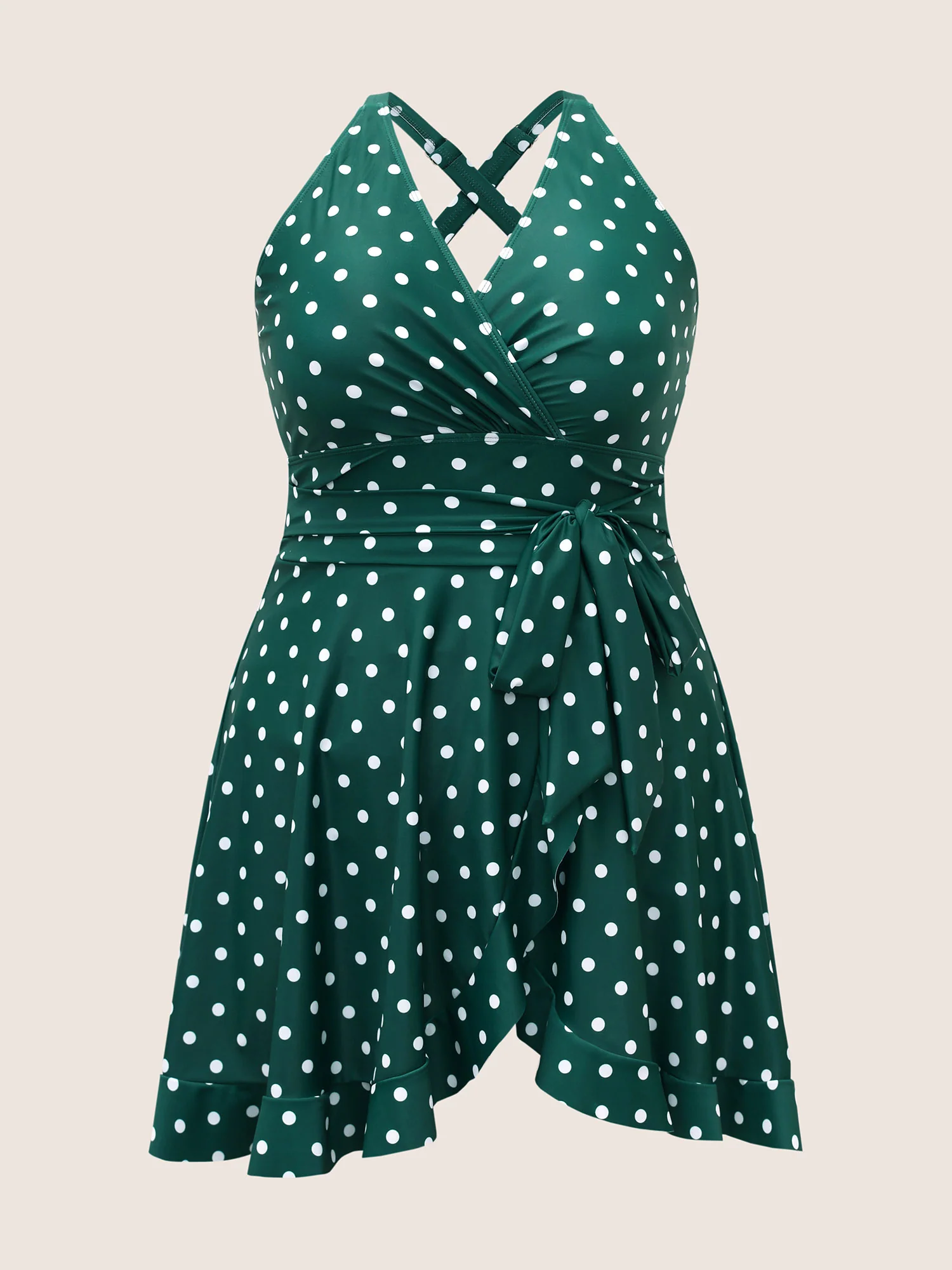 Overlap Collar Polka Dot Tie Knot Ruffles Swim Dress - Image 8