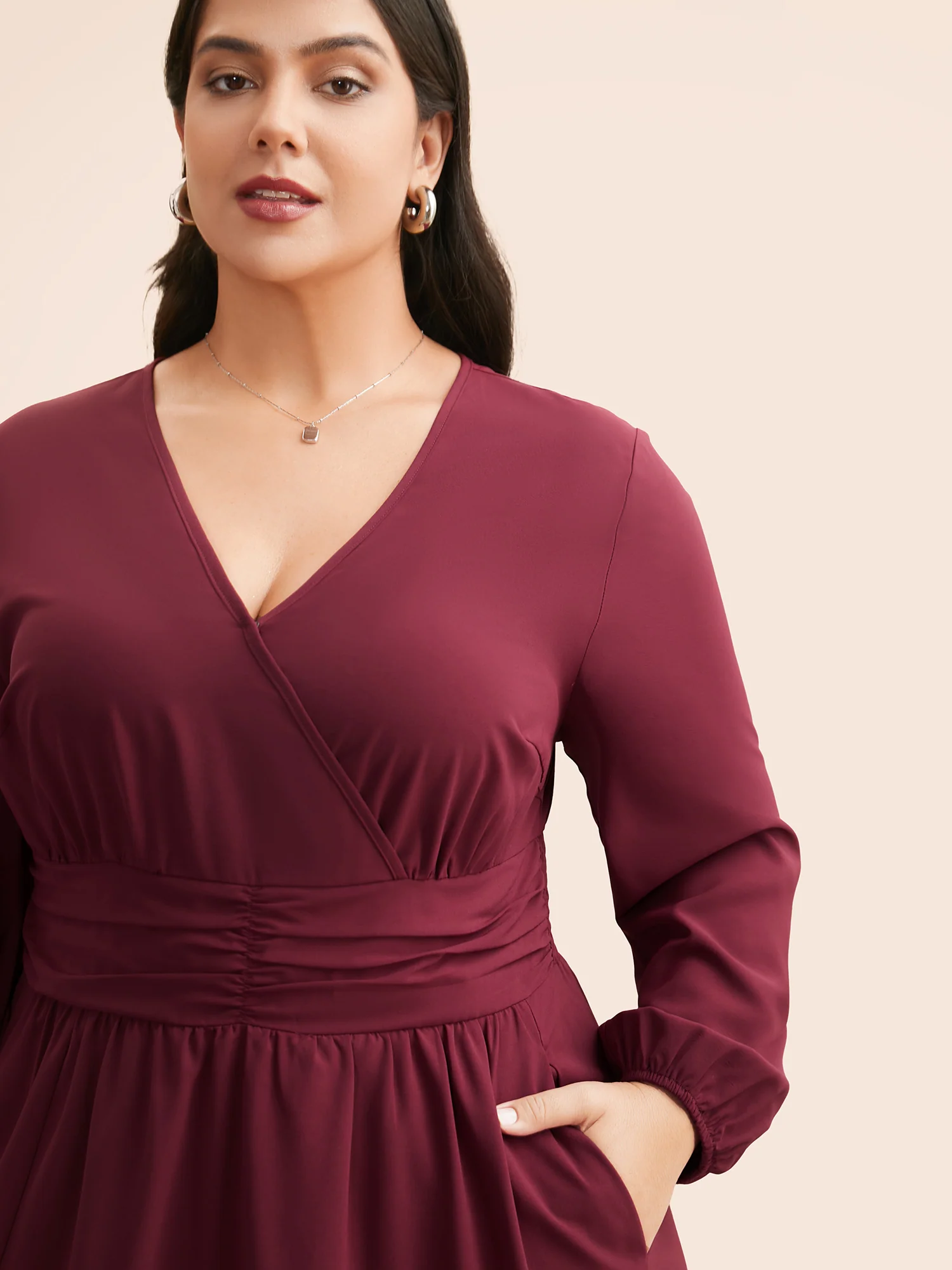 Overlap Collar Ruched Lantern Sleeve Maxi Dress - Image 2