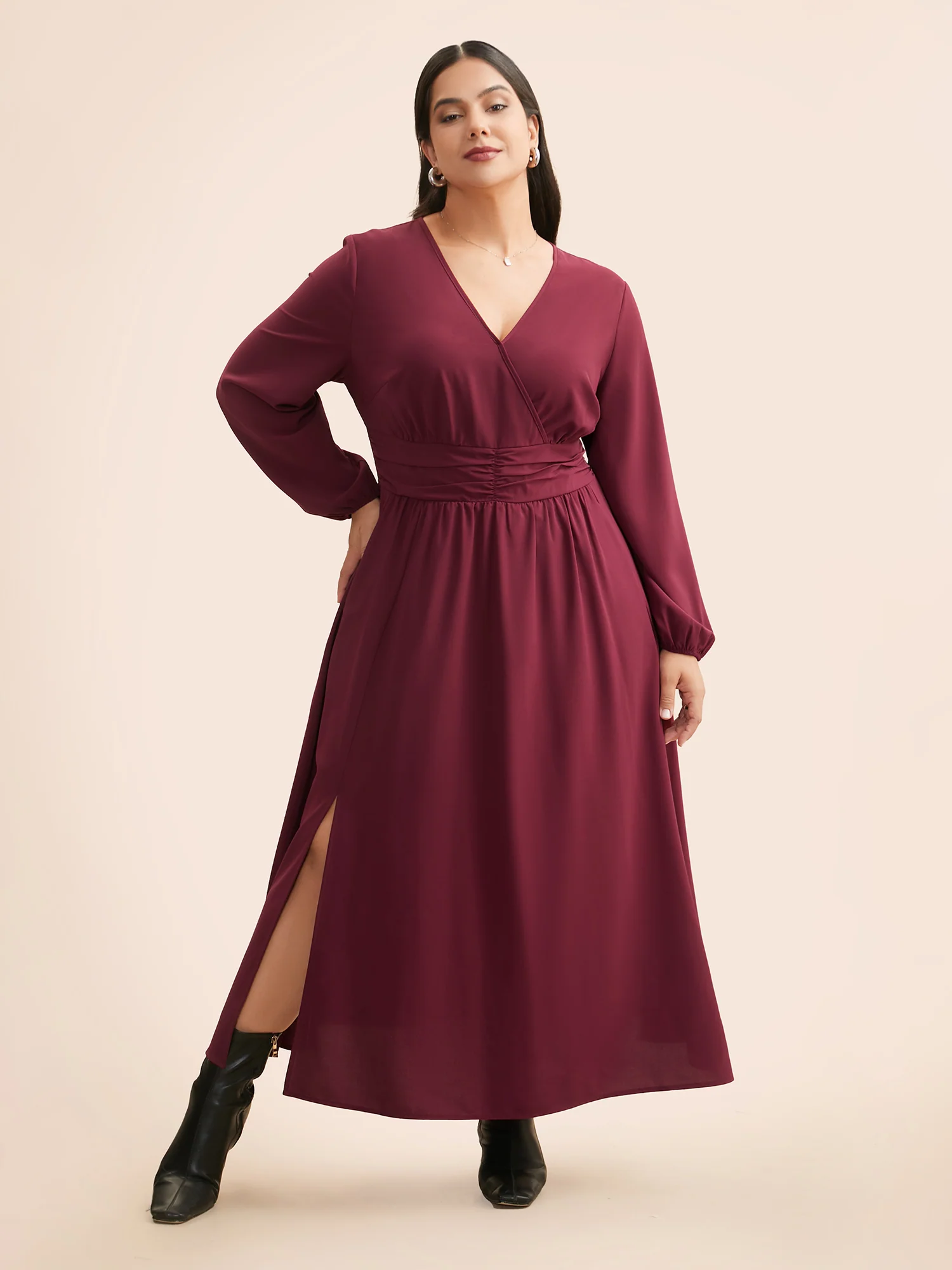 Overlap Collar Ruched Lantern Sleeve Maxi Dress - Image 3