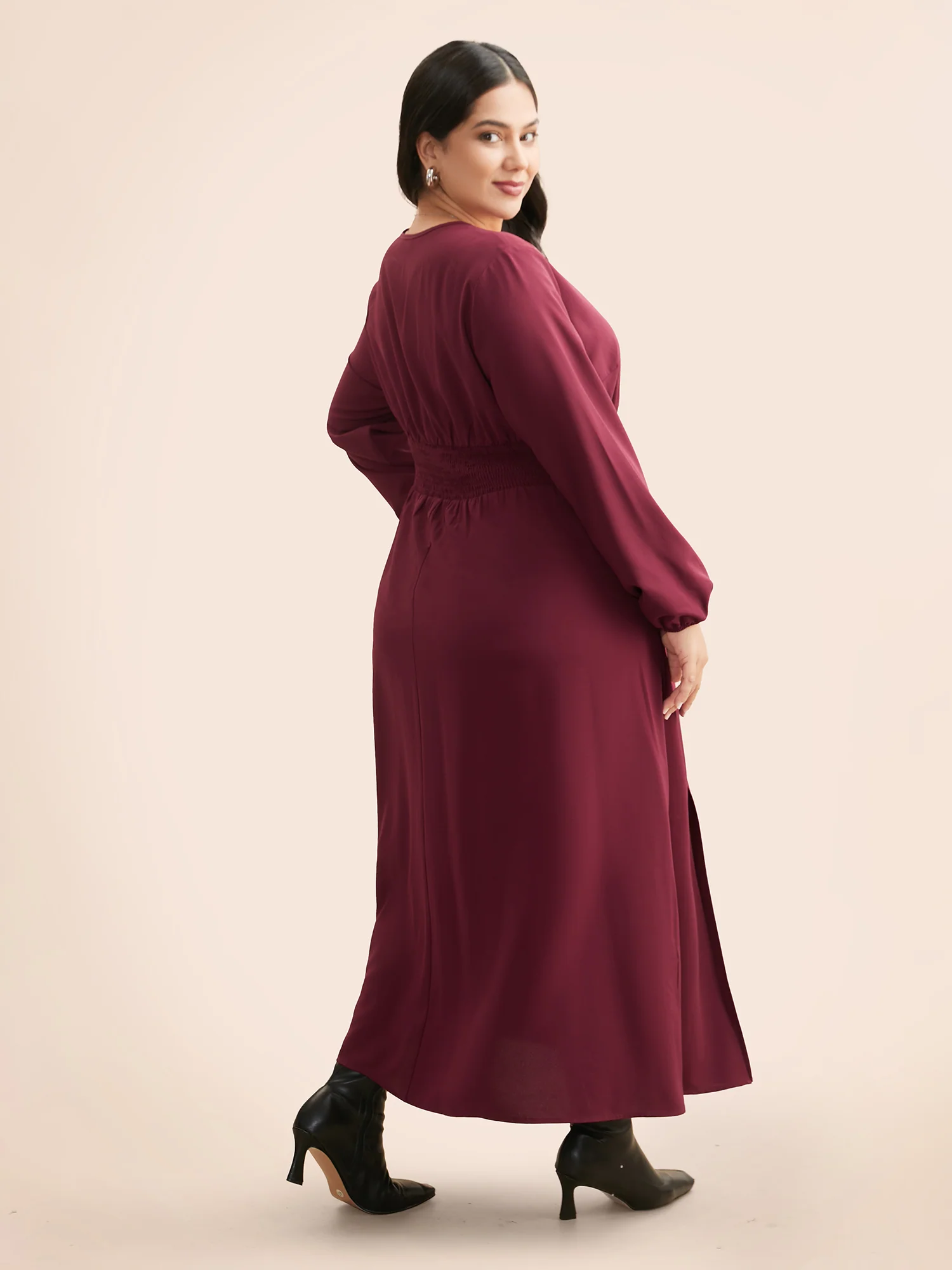 Overlap Collar Ruched Lantern Sleeve Maxi Dress - Image 4