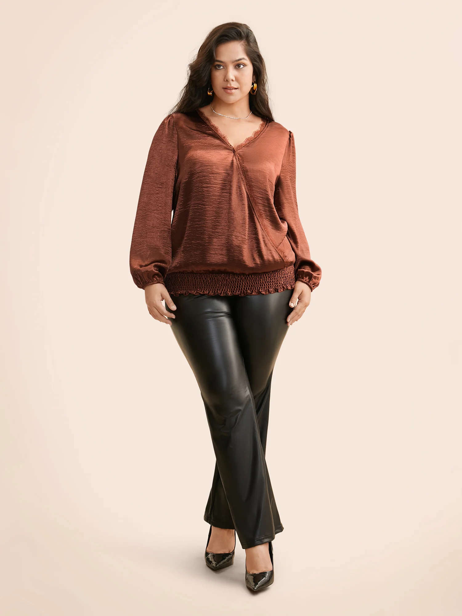 Overlap Collar Shirred Lace Trim Blouse - Image 2