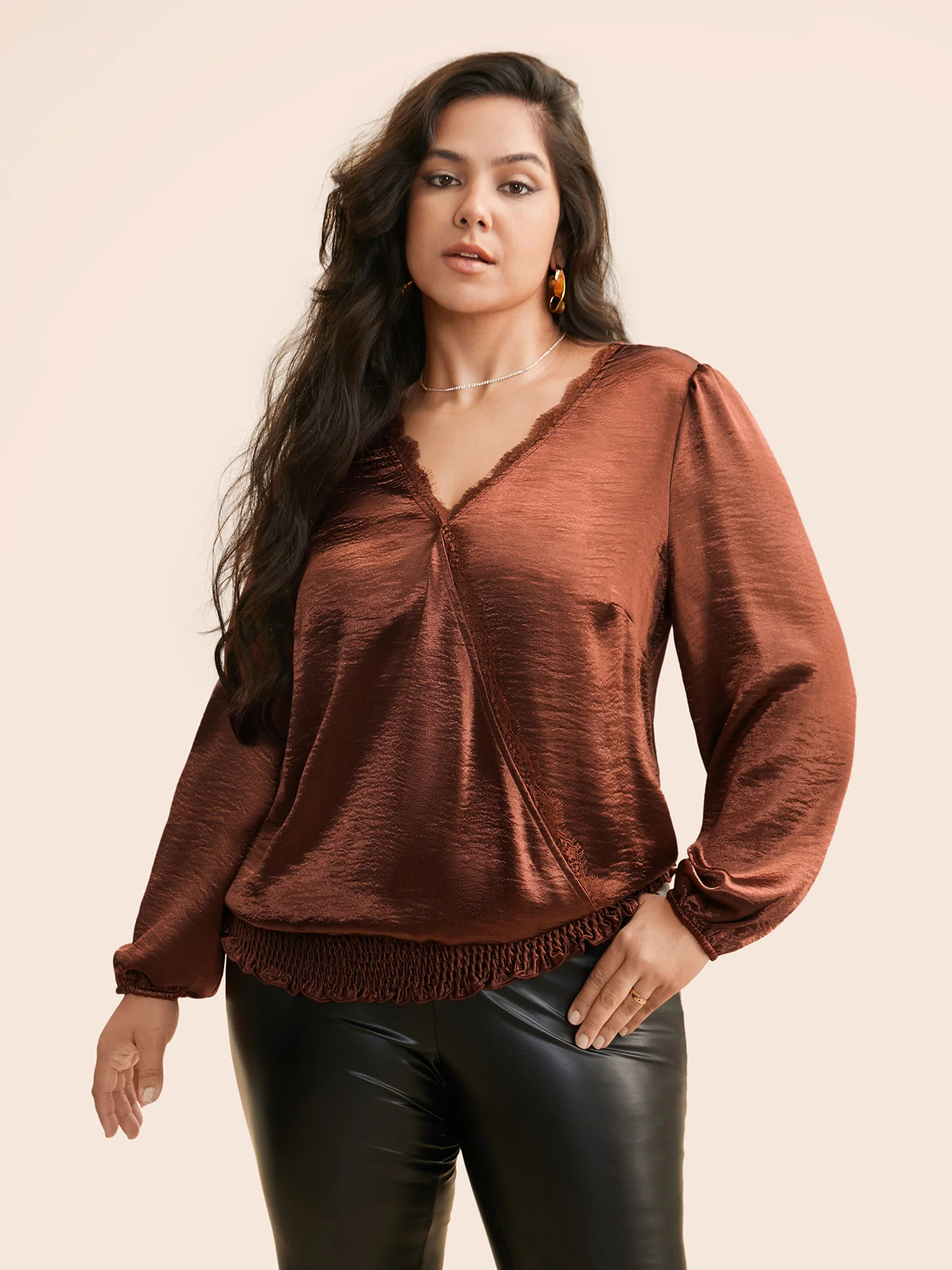 Overlap Collar Shirred Lace Trim Blouse - Image 3