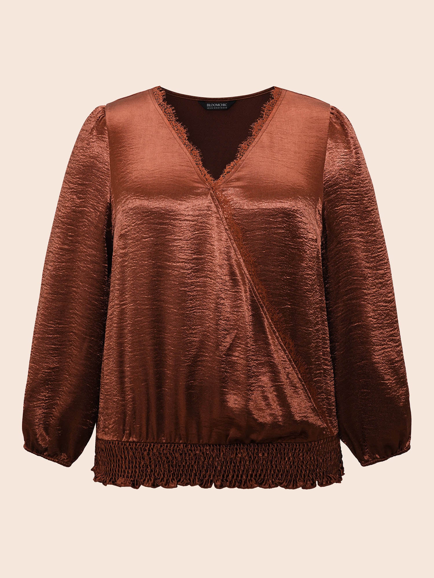 Overlap Collar Shirred Lace Trim Blouse - Image 7