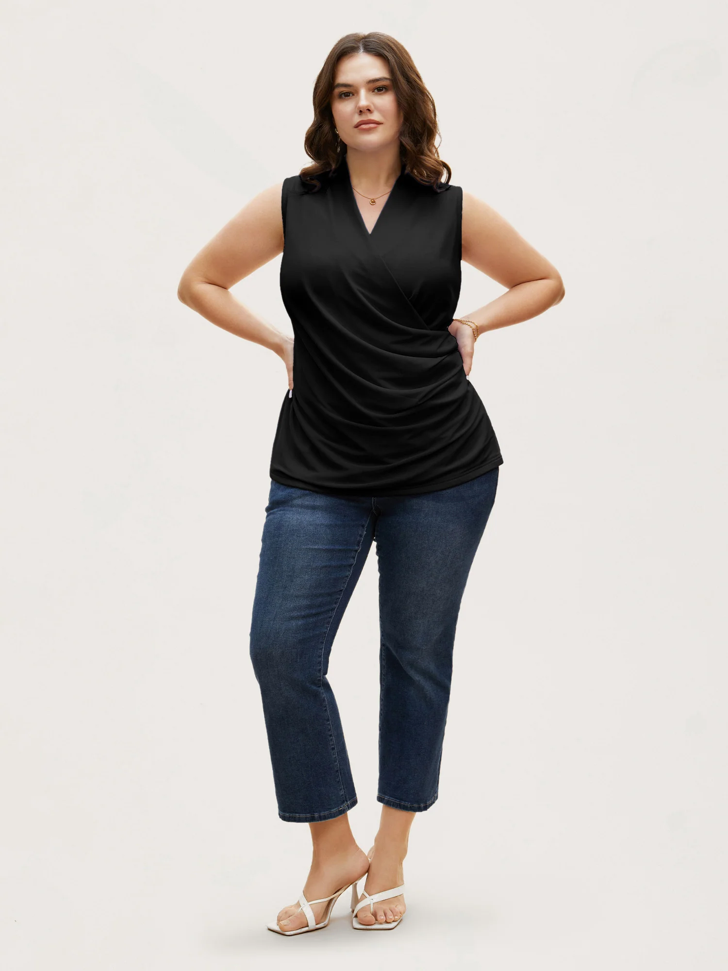 Overlap Collar Solid Pleated Tank Top - Image 2