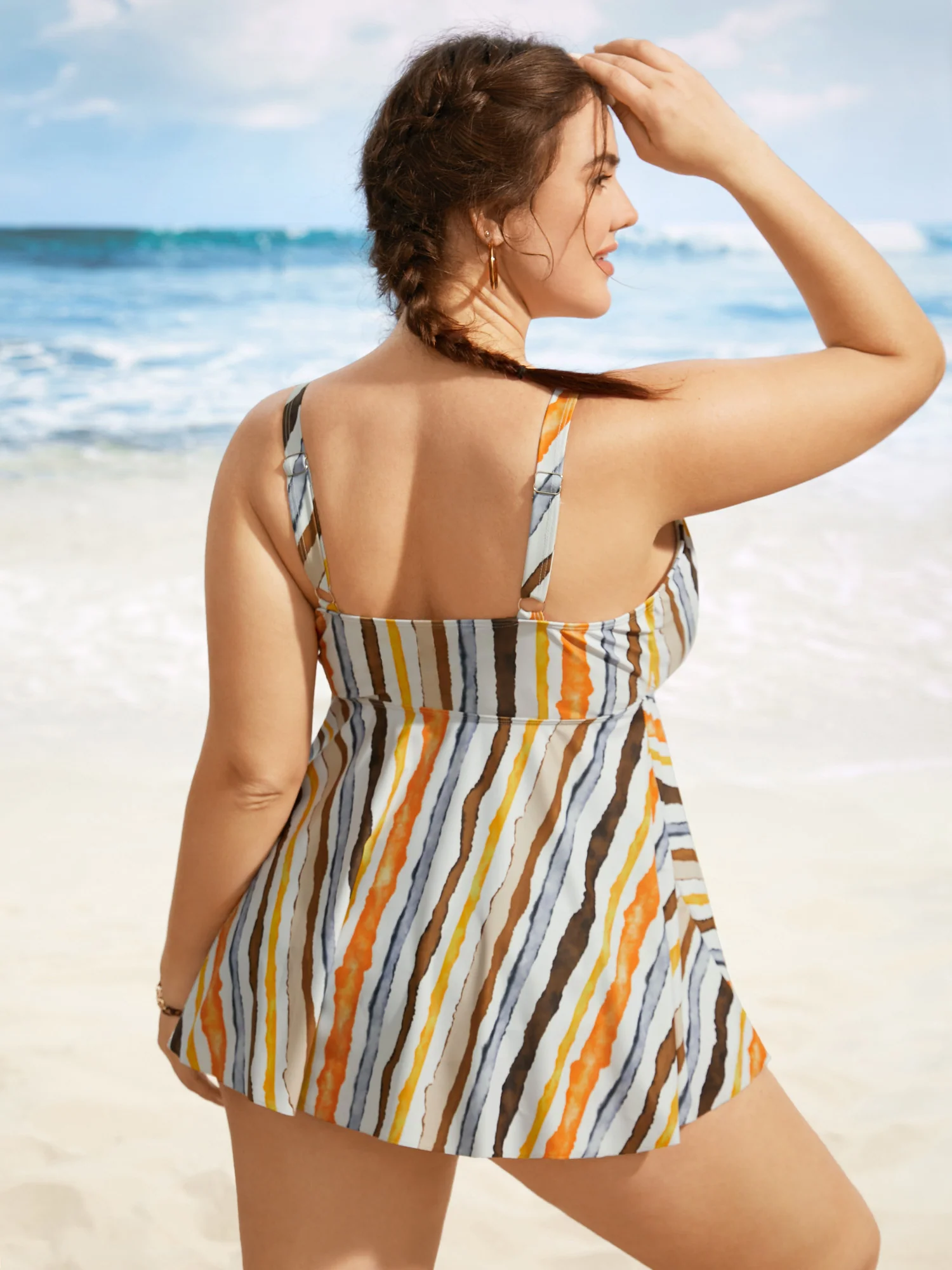 Overlap Collar Striped Elastic Waist Swim Top - Image 2