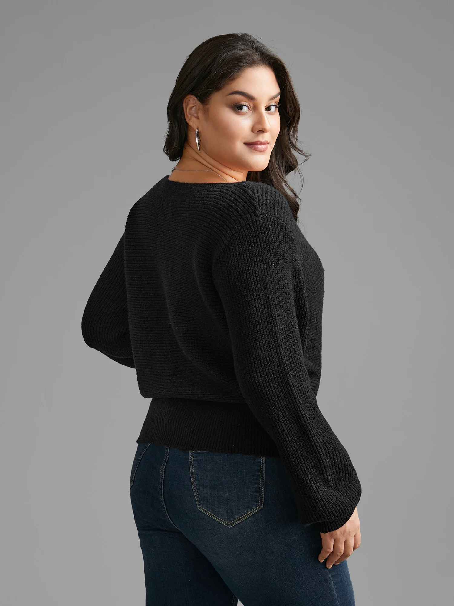 Overlap Collar Textured Lantern Sleeve Pullover - Image 2