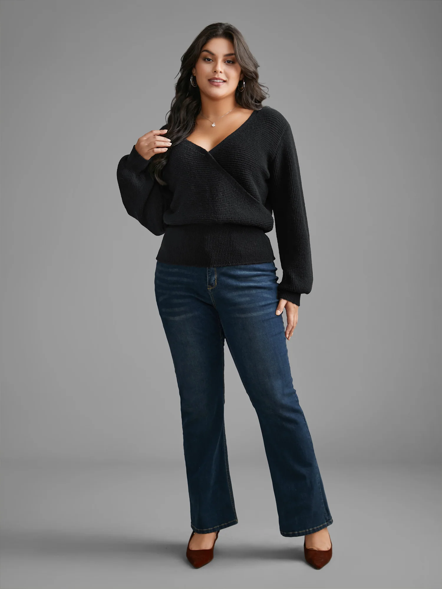Overlap Collar Textured Lantern Sleeve Pullover - Image 3